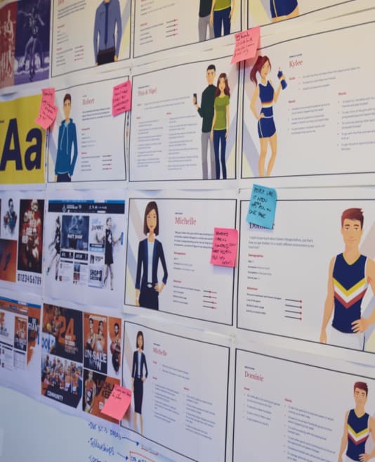 Board of sticky notes and user story profiles