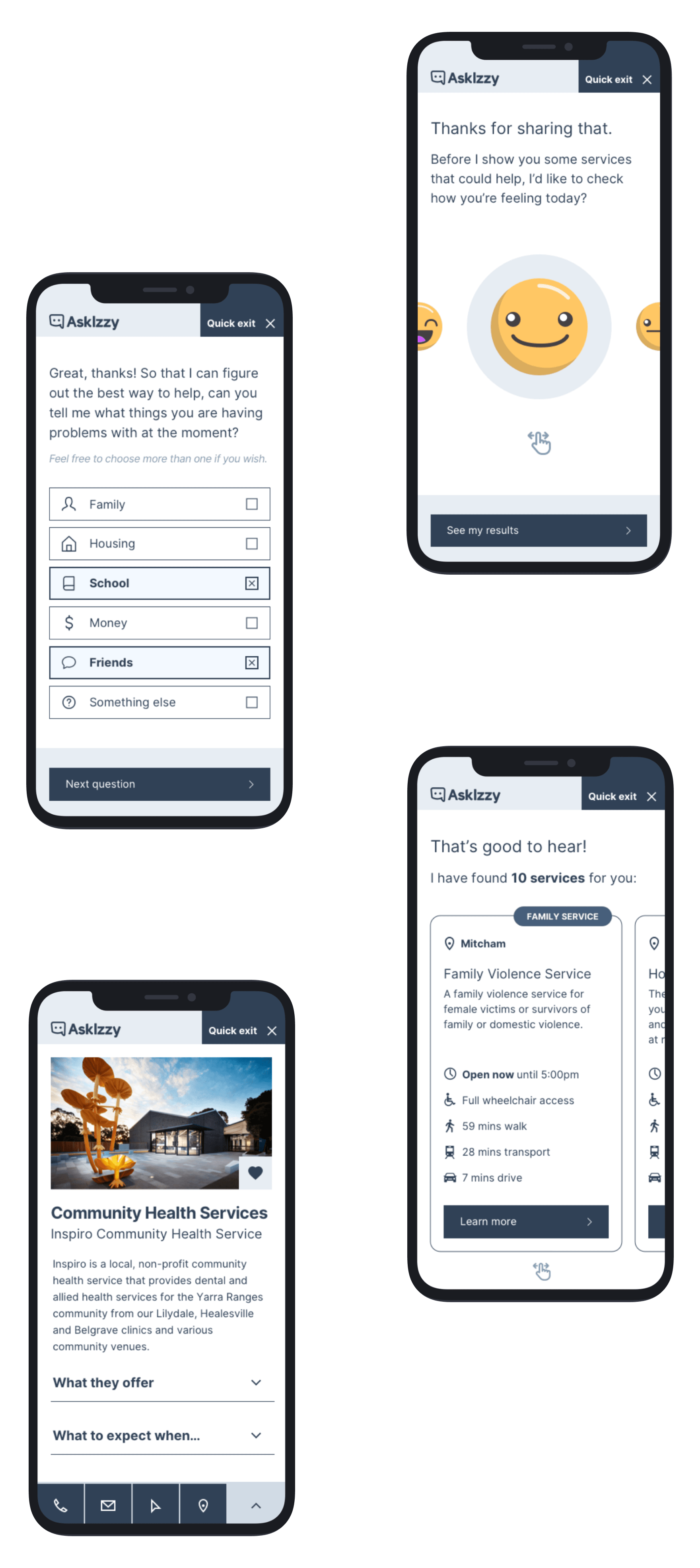Series of mobile screens showing mid-fidelity interface designs