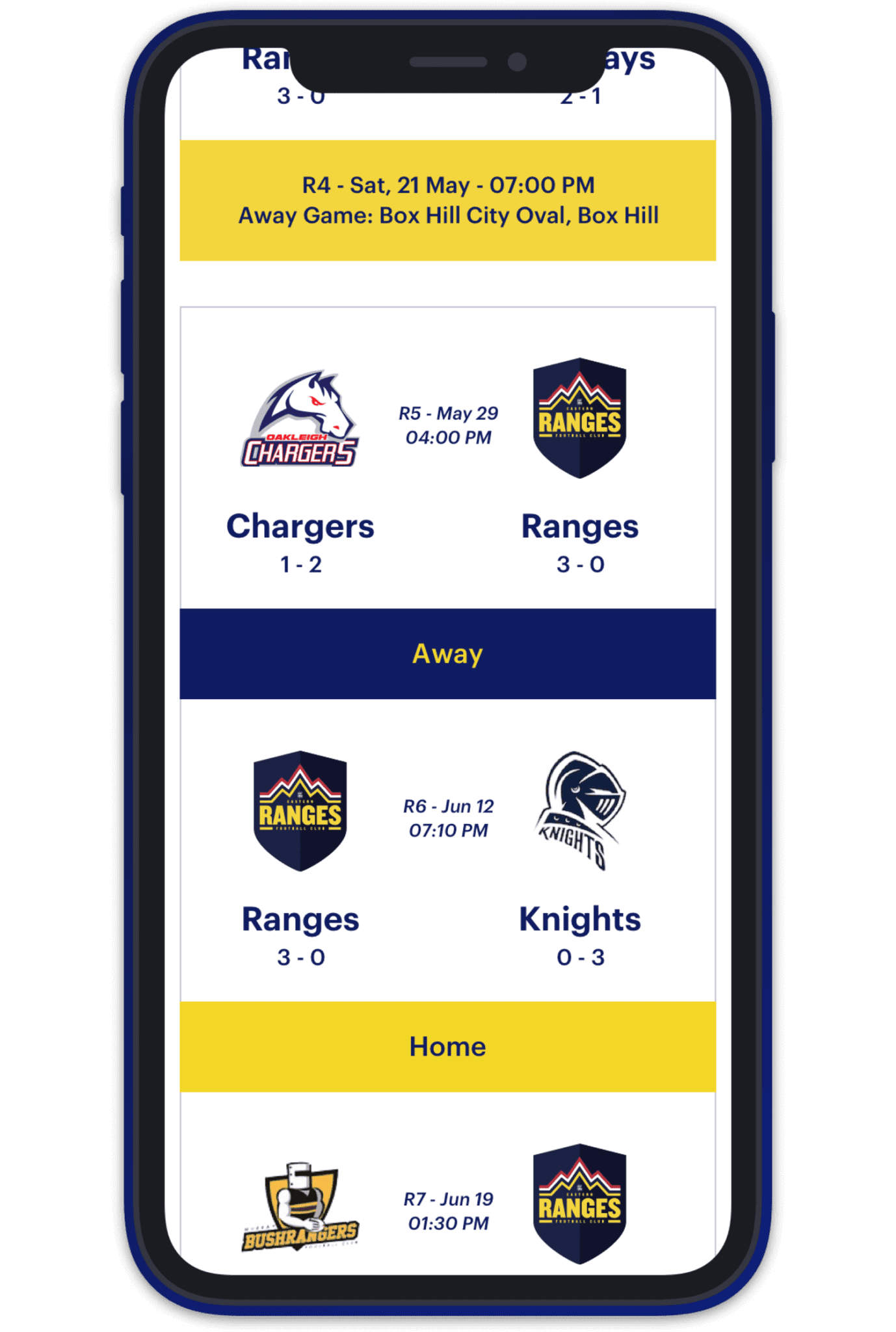Mobile screenshot of a game fixture component