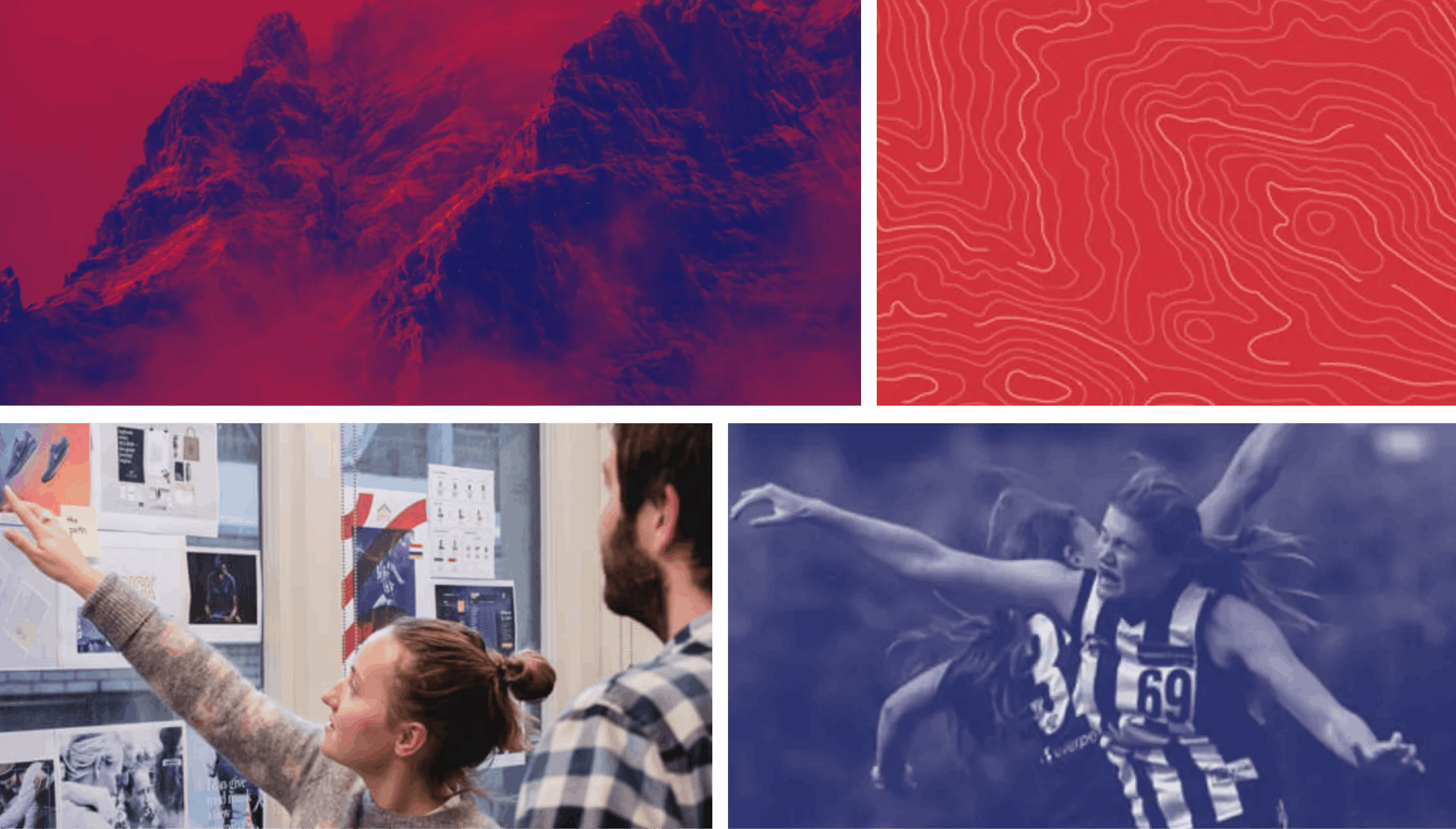 Set of red and blue mood-board images for the branding