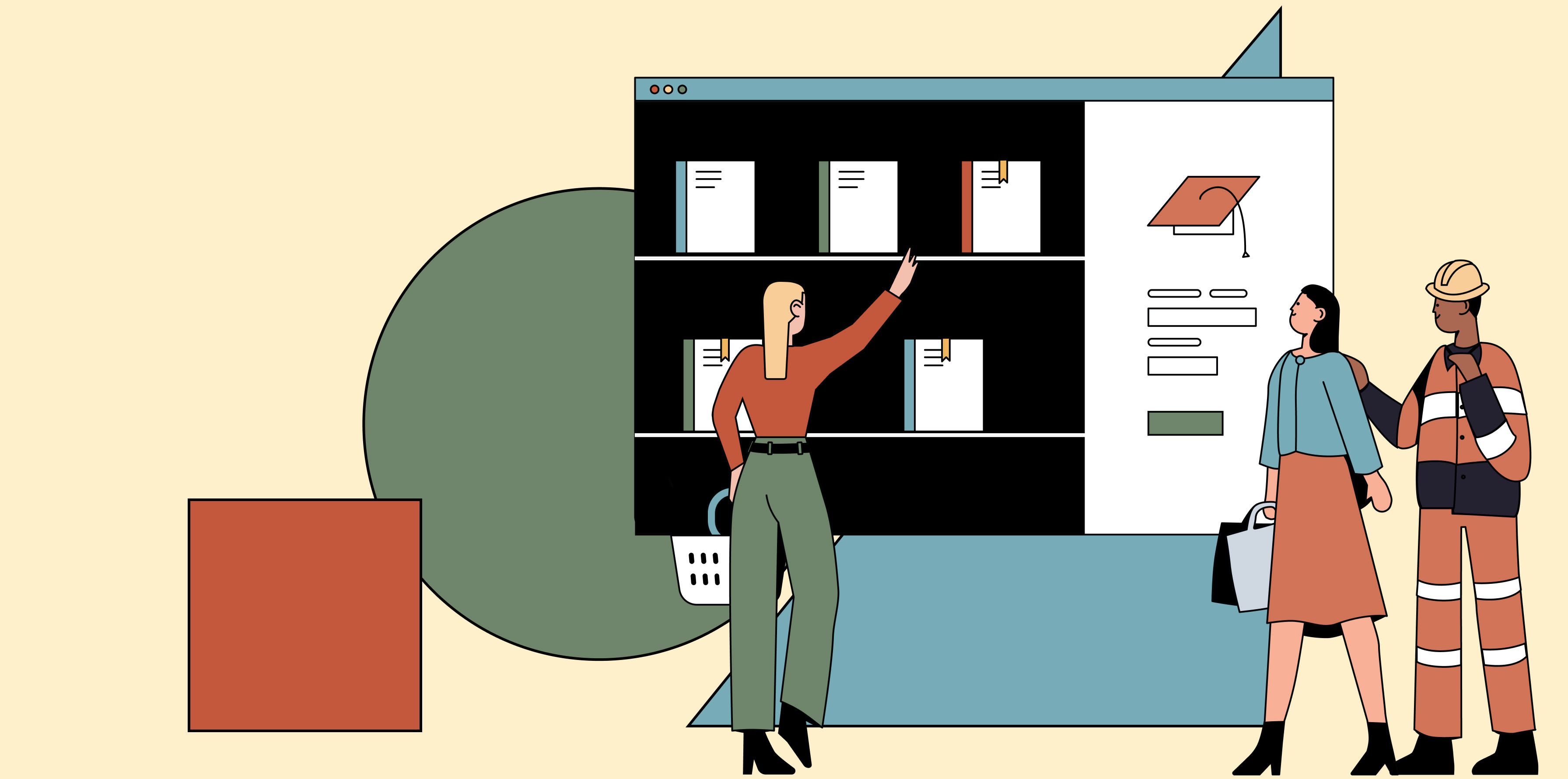 Illustration of three professionals browsing an educational e-commerce space