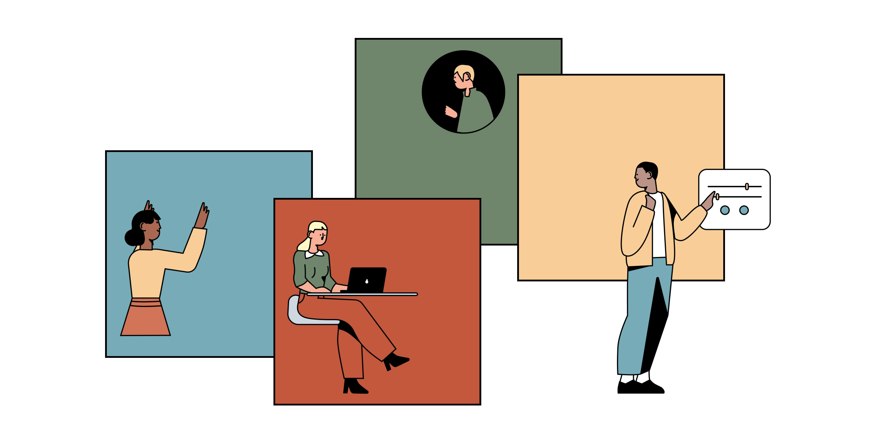 Illustration of overlapping, different coloured squares with a person performing a creative action in each