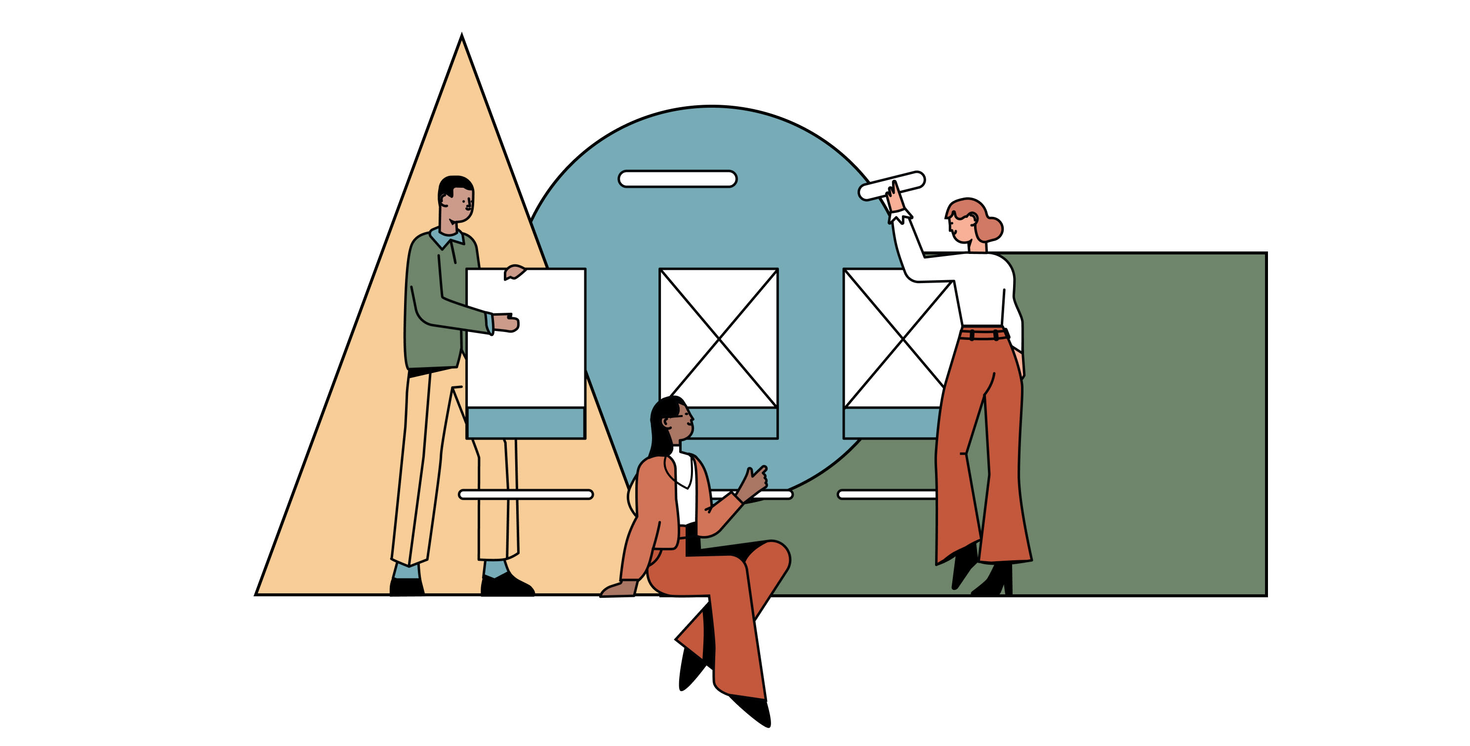 Illustration of people standing and sitting in front of three artboards