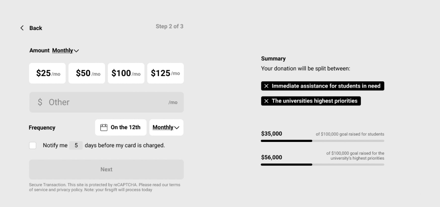 Prototype of the donation amount for the alumni portal