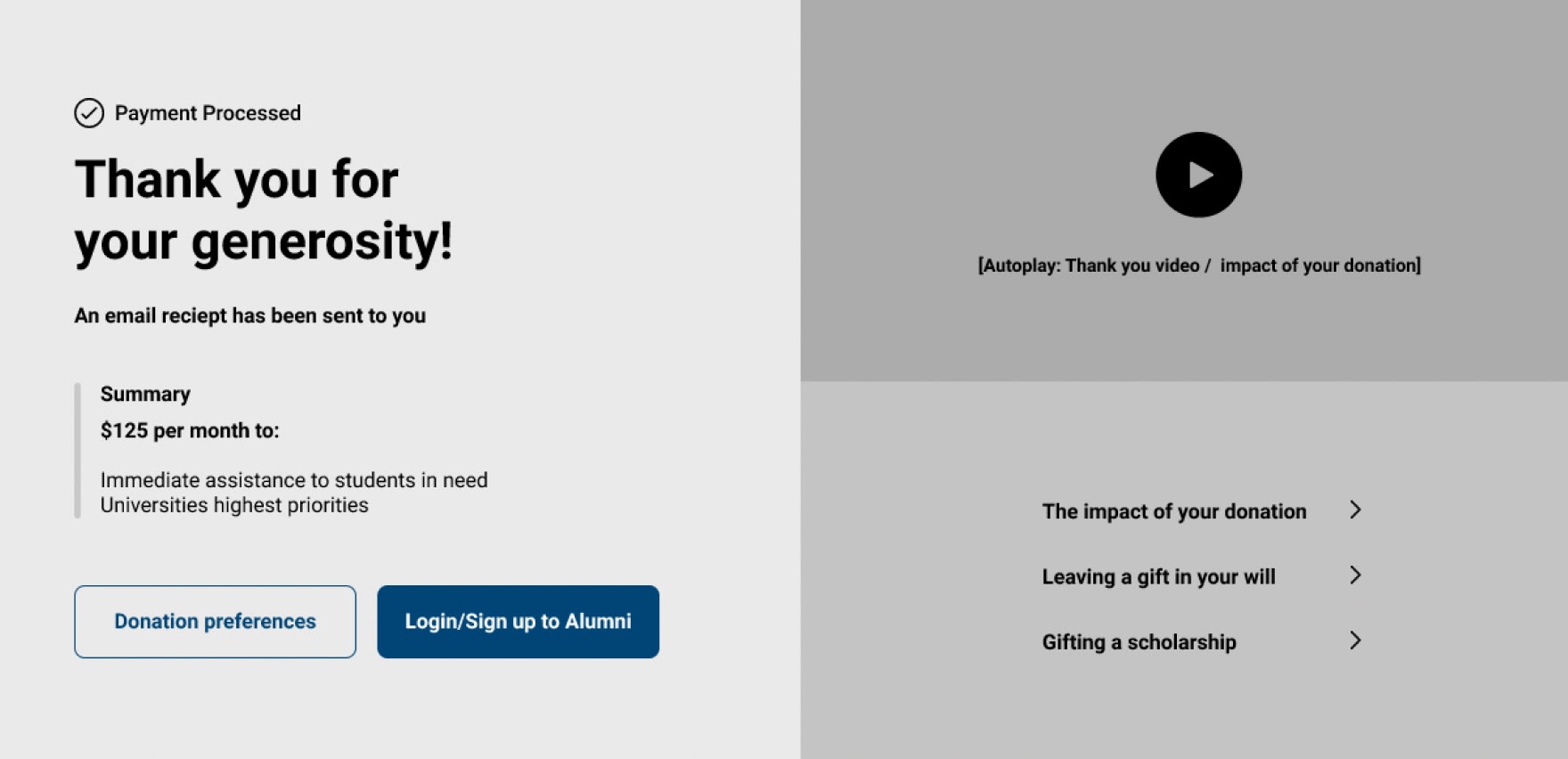 Prototype of thank you screen for the alumni portal