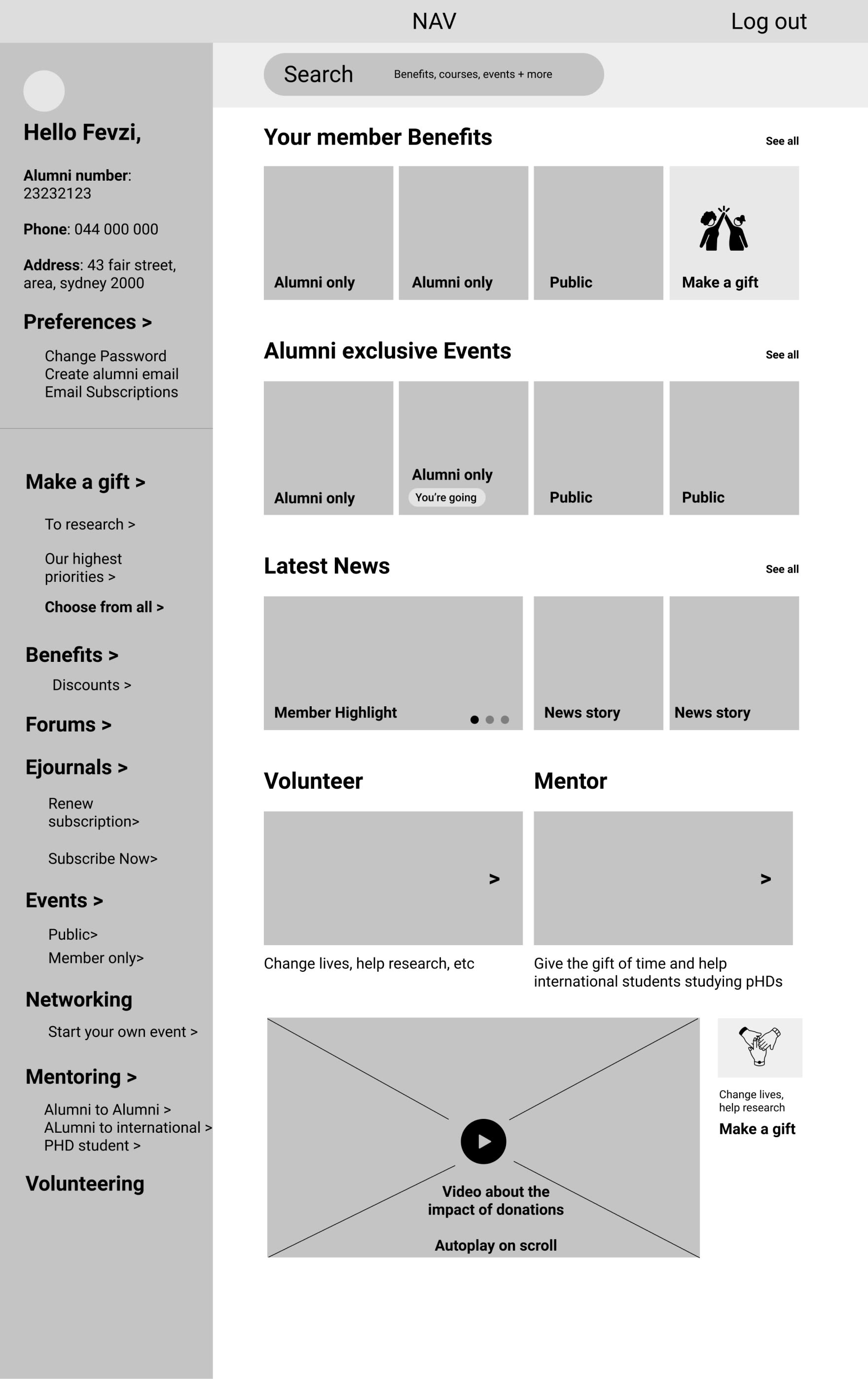 Prototype of user profile page for the alumni portal