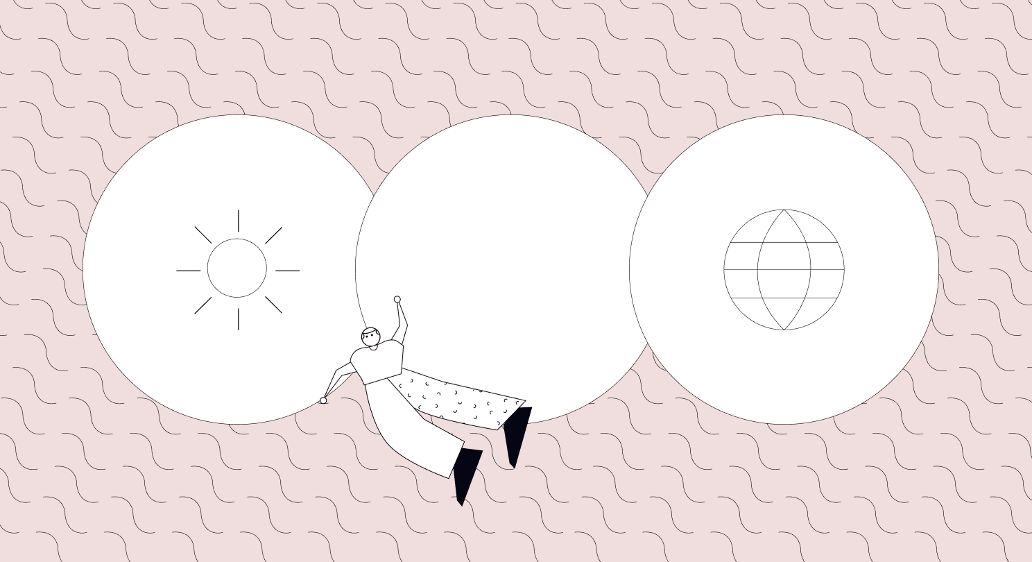 Illustration of a fantastical figure floating over various shapes 