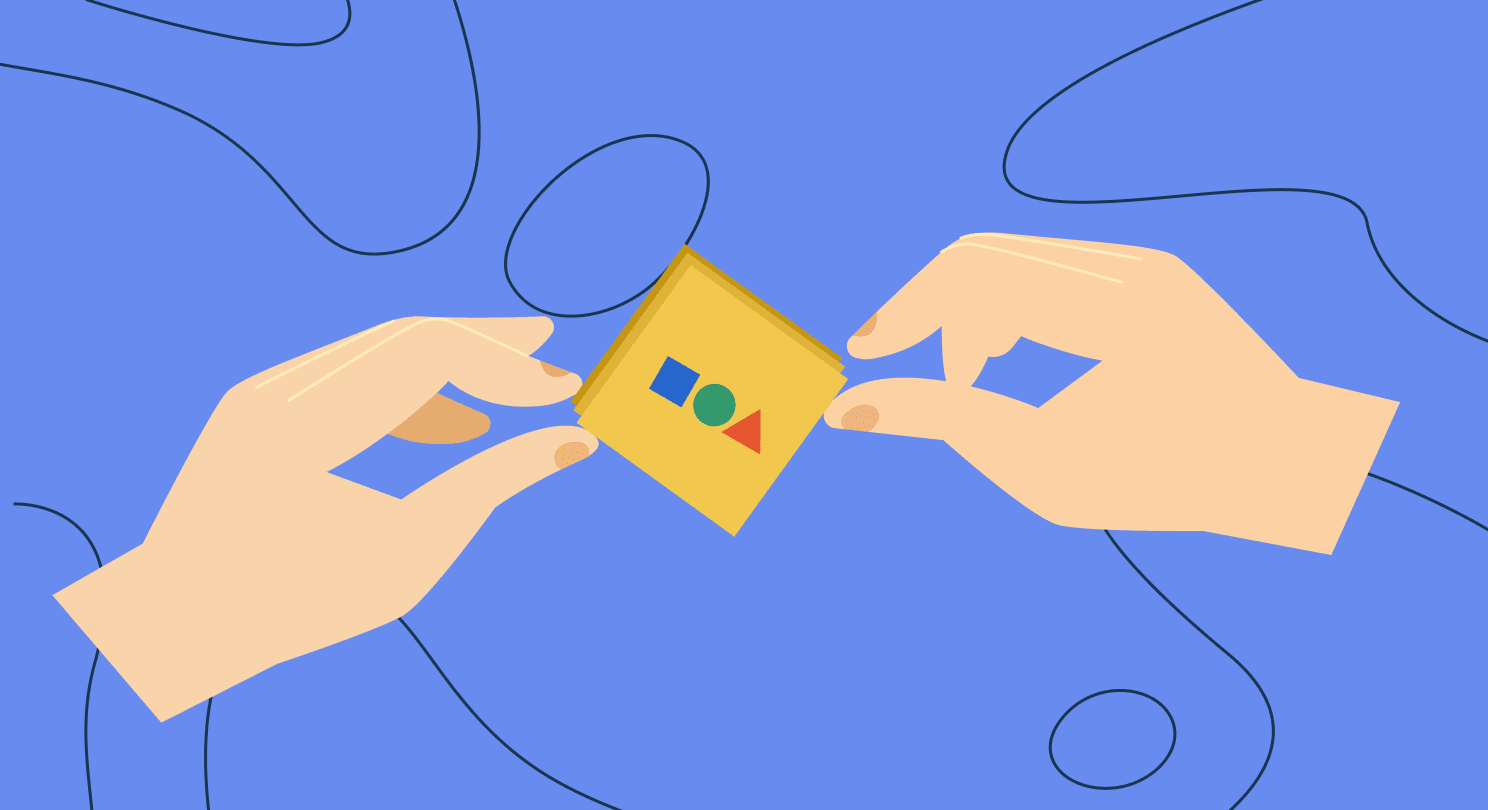 Illustration of two hands holding a post-it note over a blue background