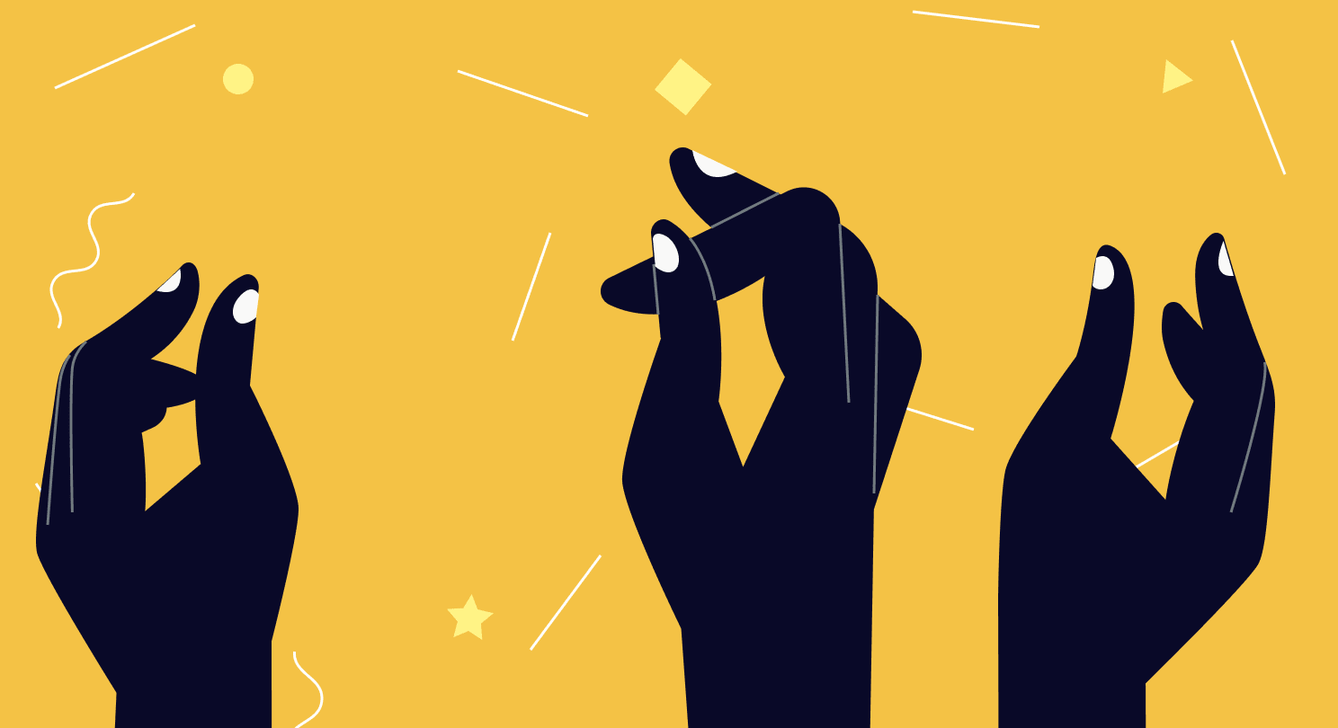 Illustration of three hands overlaying an orange patter ladened background