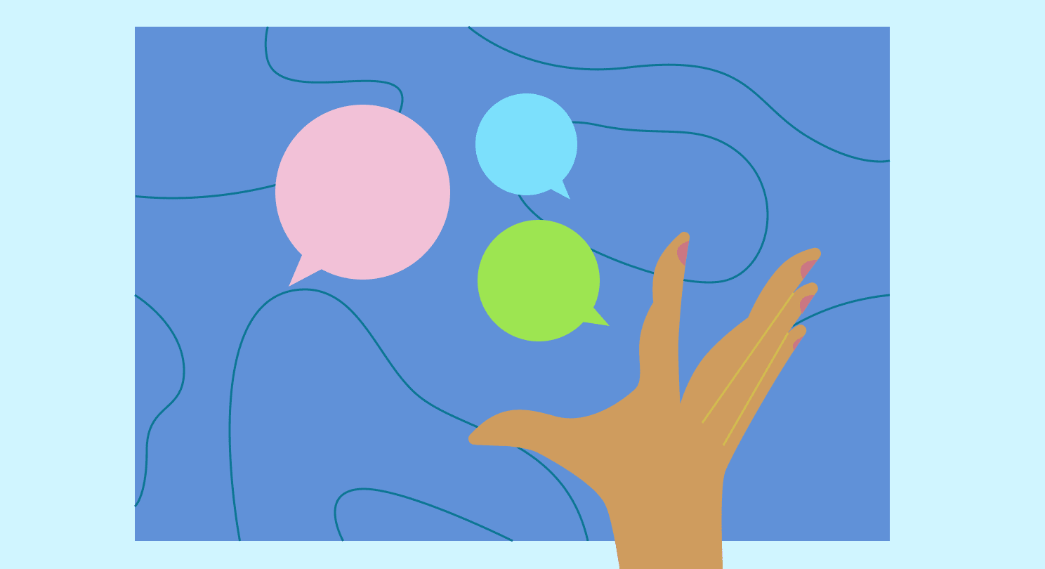 Illustration of hand reaching to grab floating speech bubbles over blue patter ladened background