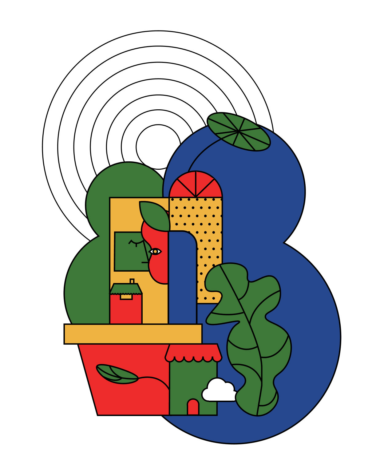 Colourful illustrative shapes of plant leaves and store fronts 