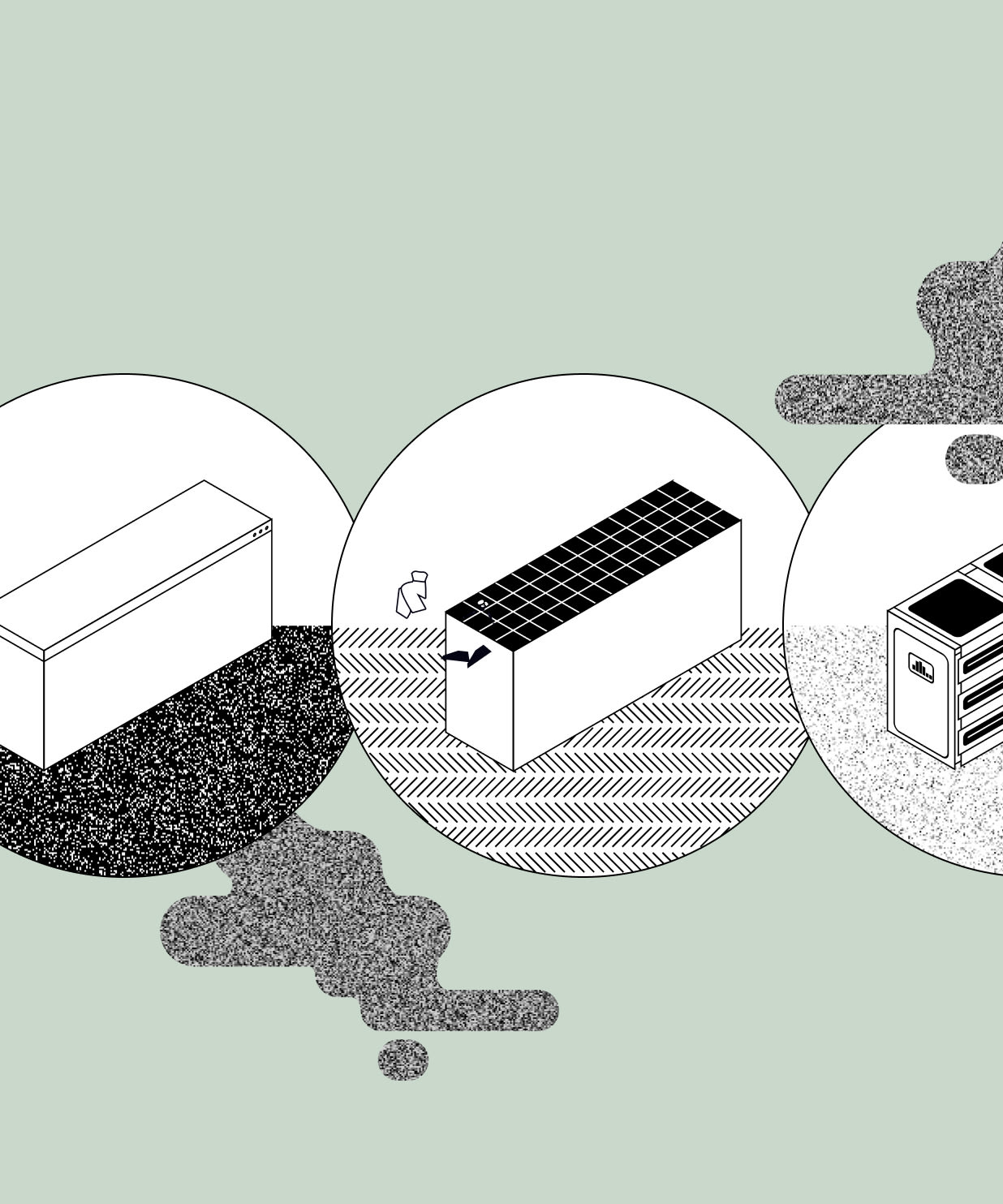 Illustration of servers, solar panels and storage emitting clouds