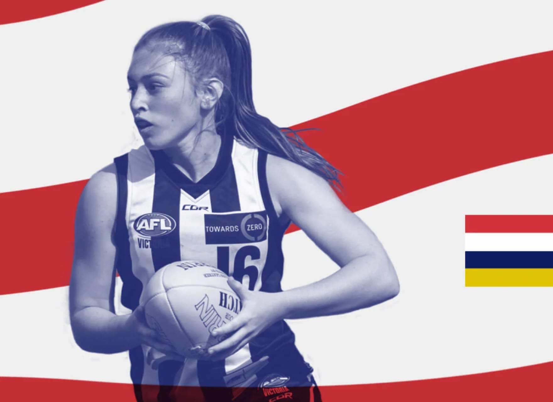 Female football player against a white and red graphic