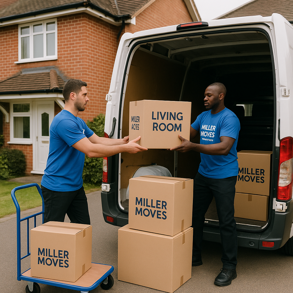 Professional removal team loading boxes into van