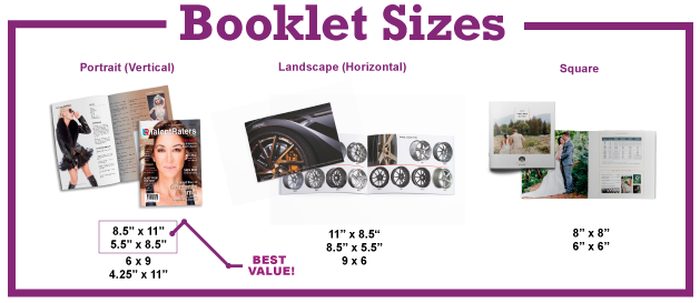 booklet print sizes - landscape - portrait - square