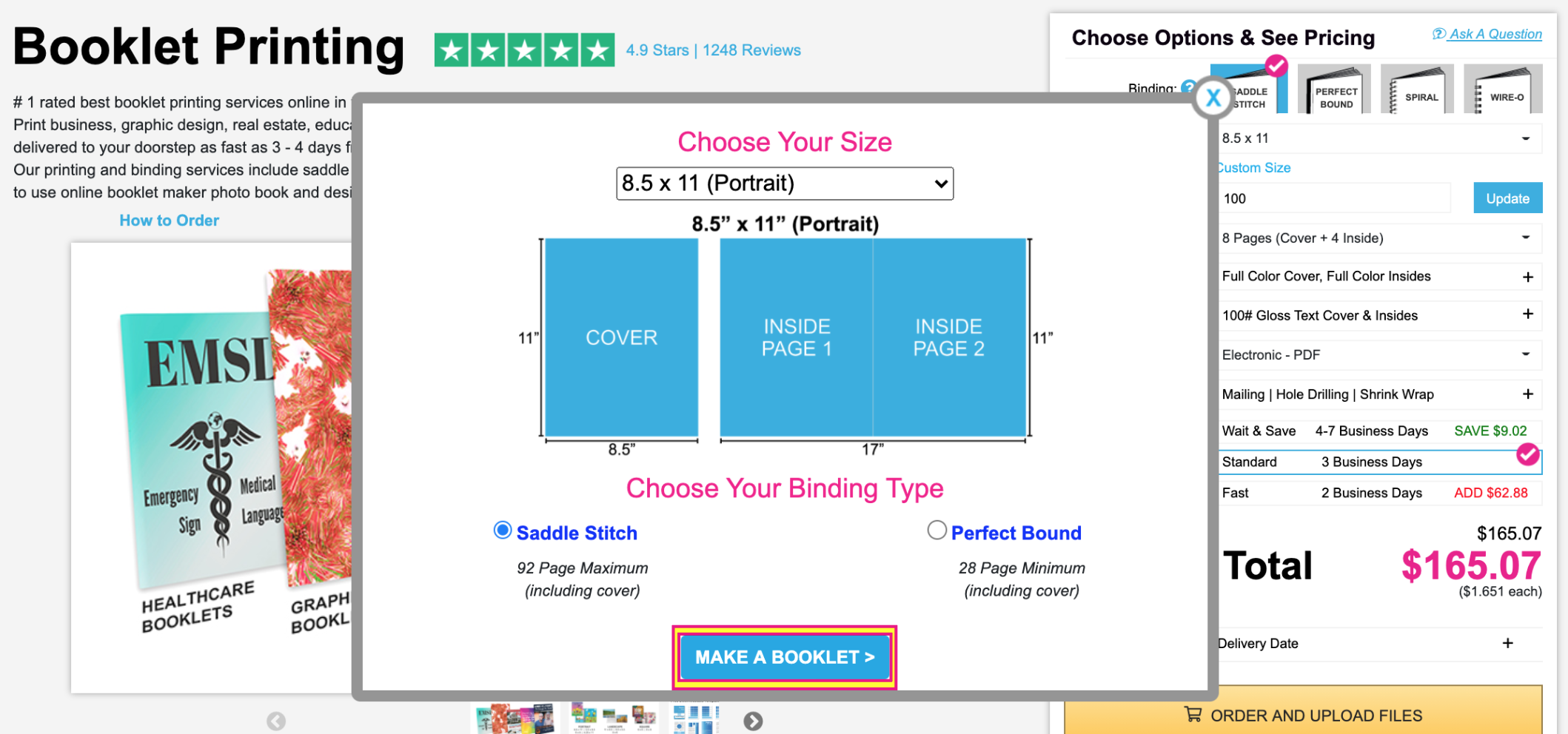 Choose Size and Binding Type in popup