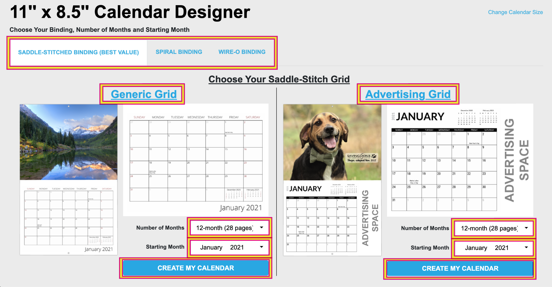 Choose Your Calendar Grid, Number of Months and Starting Month