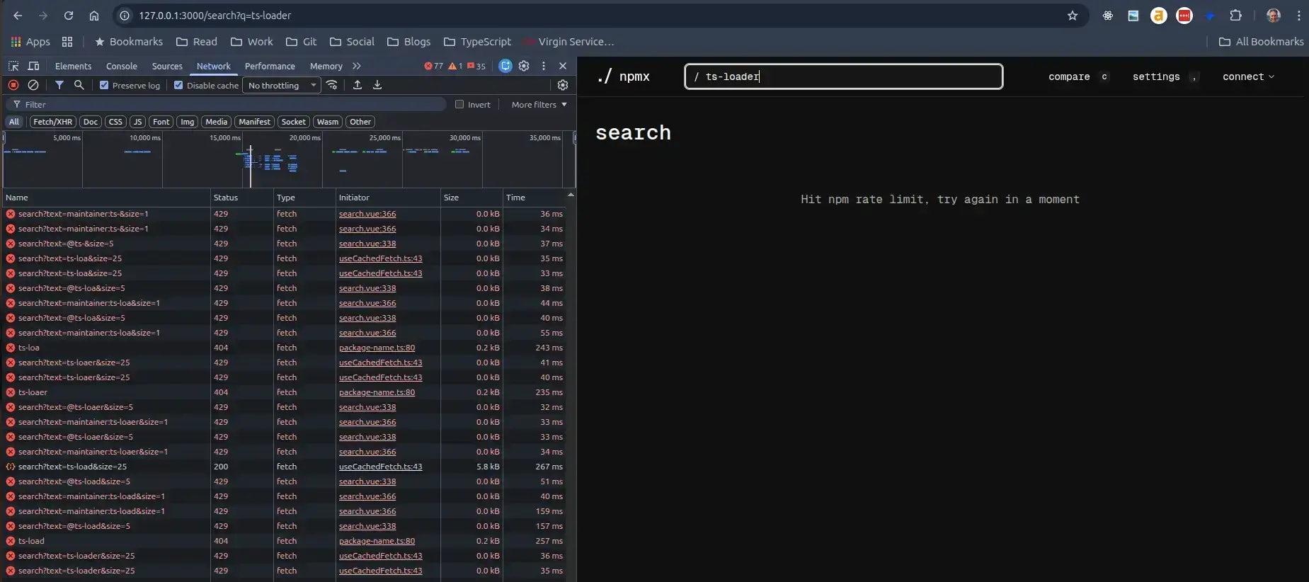 screenshot of the rate limit message in Google Chrome with 429s visible
