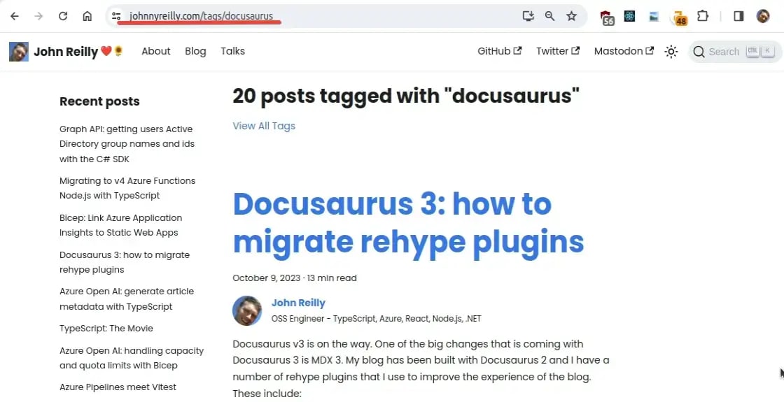 screenshot of the Docusaurus tags mechanism