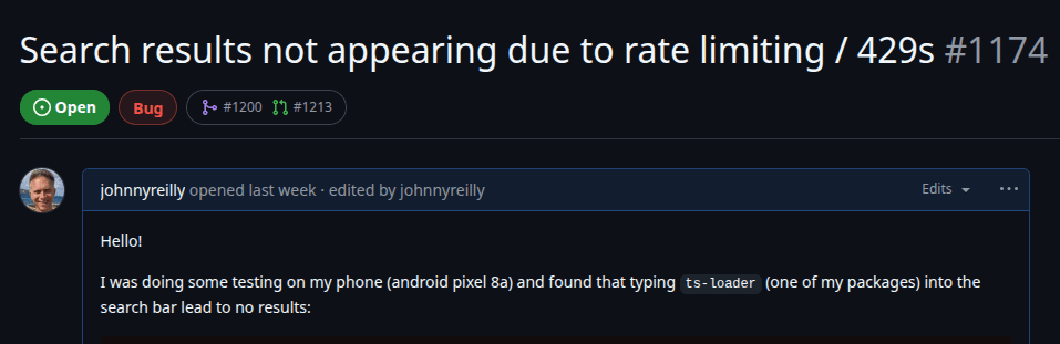 Screenshot of GitHub issue