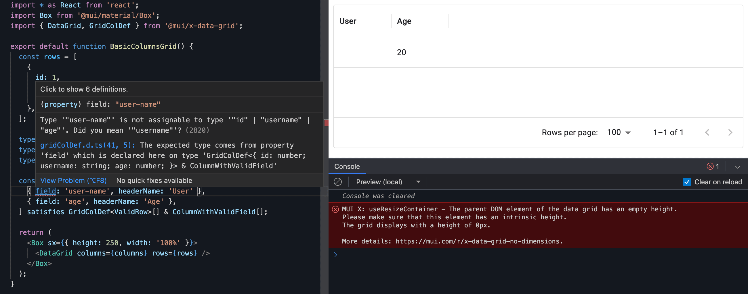 screenshot of a grid with incorrect columns and TypeScript surfacing the issue
