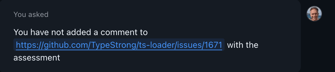 Screenshot of me telling GitHub Copilot it had not added a comment