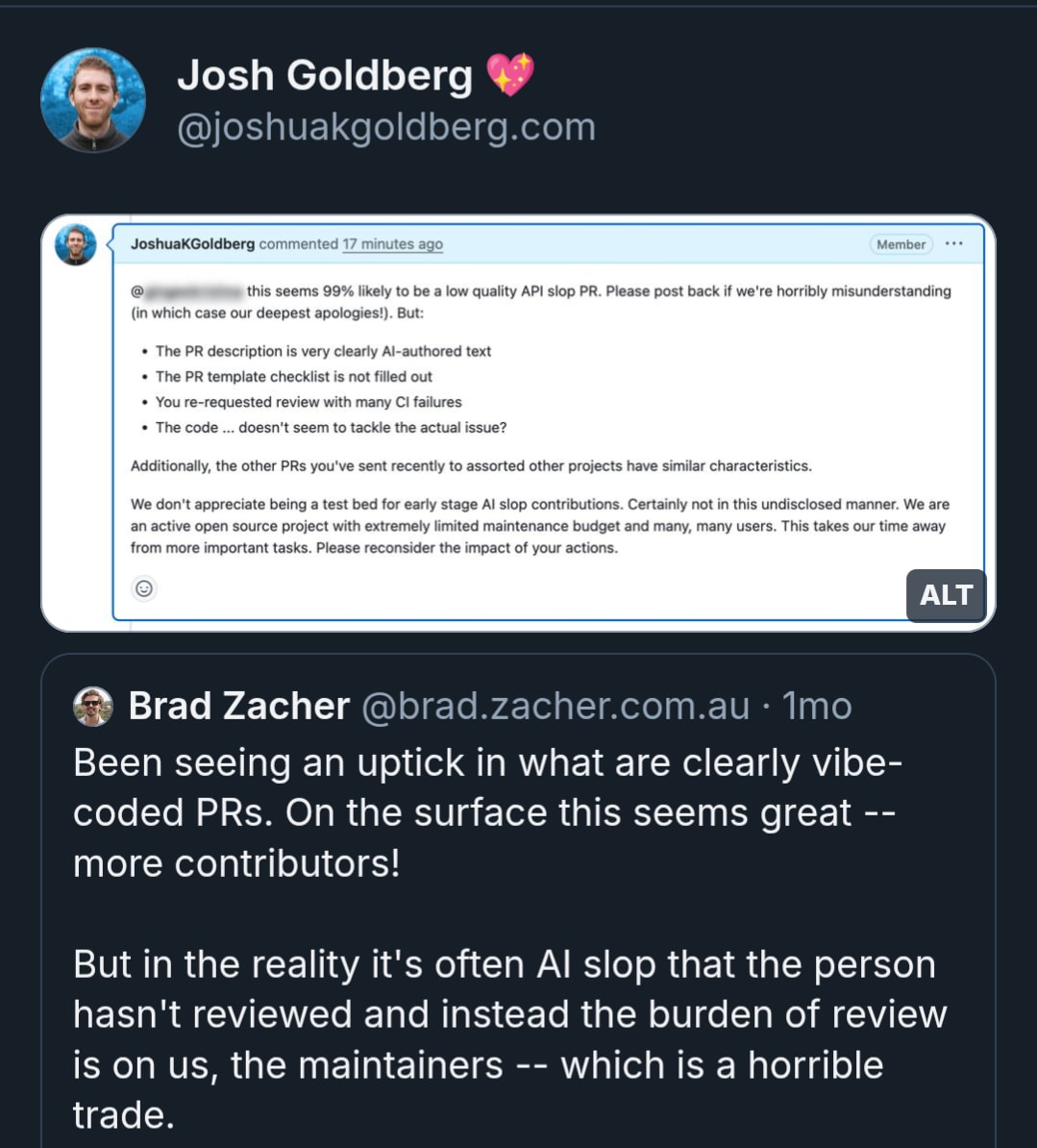 screenshot of post on bluesky concerned about AI generated PRs