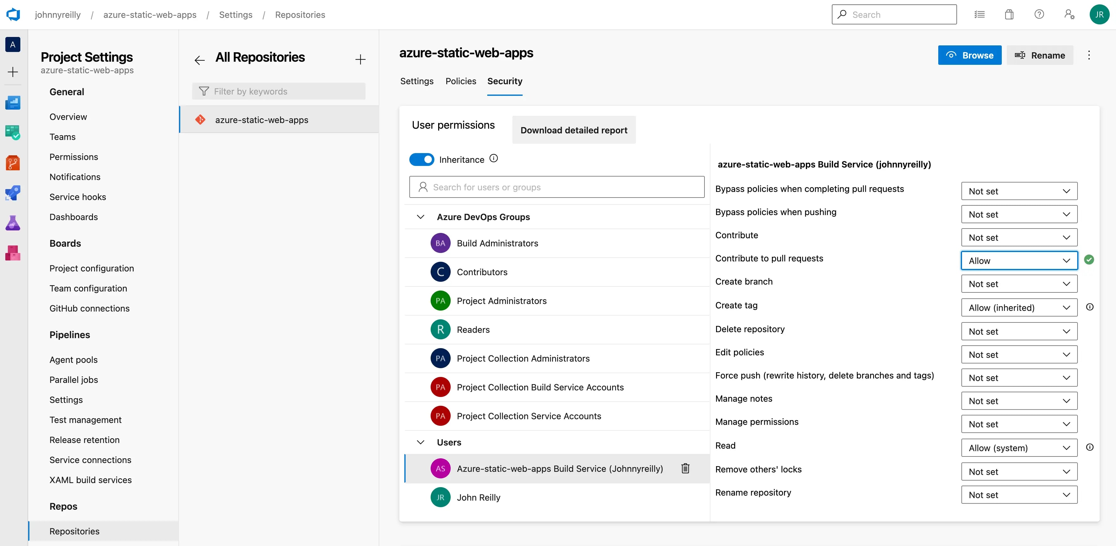 Screenshot of &quot;Contribute to pull requests&quot; permission in Azure DevOps Git security being set to &quot;Allow&quot; 