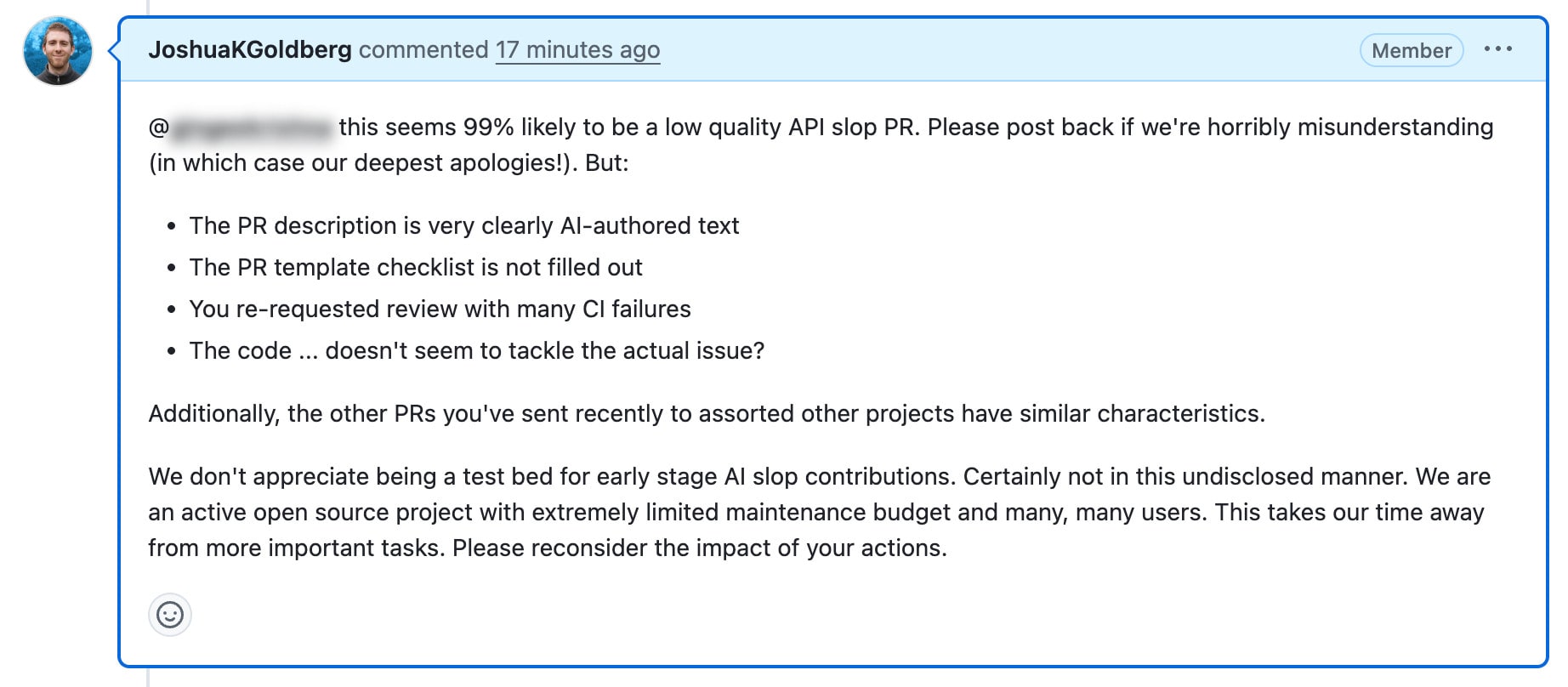 screenshot of specific pull request listing concerns with it