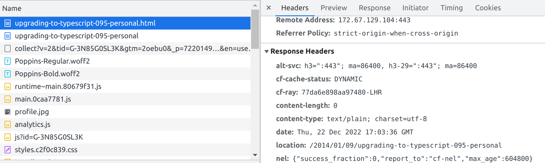 screenshot of redirect in Chrome Devtools