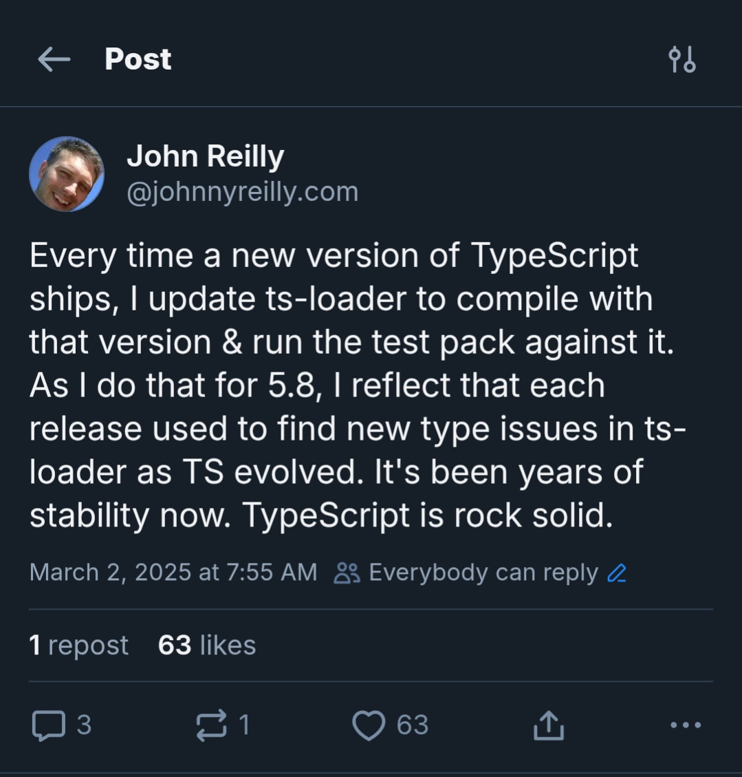 screenshot of Bluesky post talking about TypeScript stability