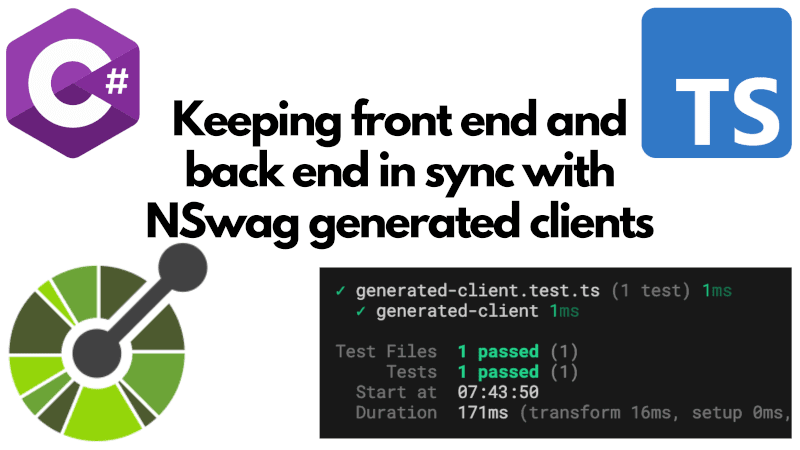 title image reading &quot;Keeping front end and back end in sync with NSwag generated clients&quot; with the Open API, TypeScript and C# logos
