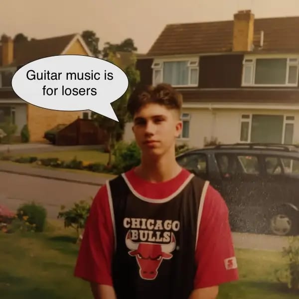 Me as a teenager with a speech bubble saying "Guitar music is for losers"