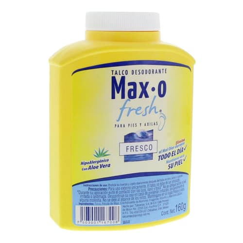 Talco desodorante max-o fresh para pies y axilas aroma a fresco 160 gr.