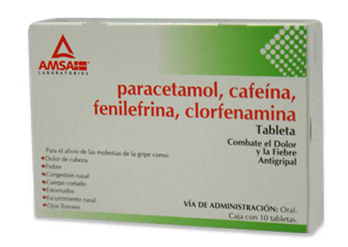 Paracetamol, cafeína, fenilefrina, clorfenamina 500/25/5/4 mg con10 tabletas precio