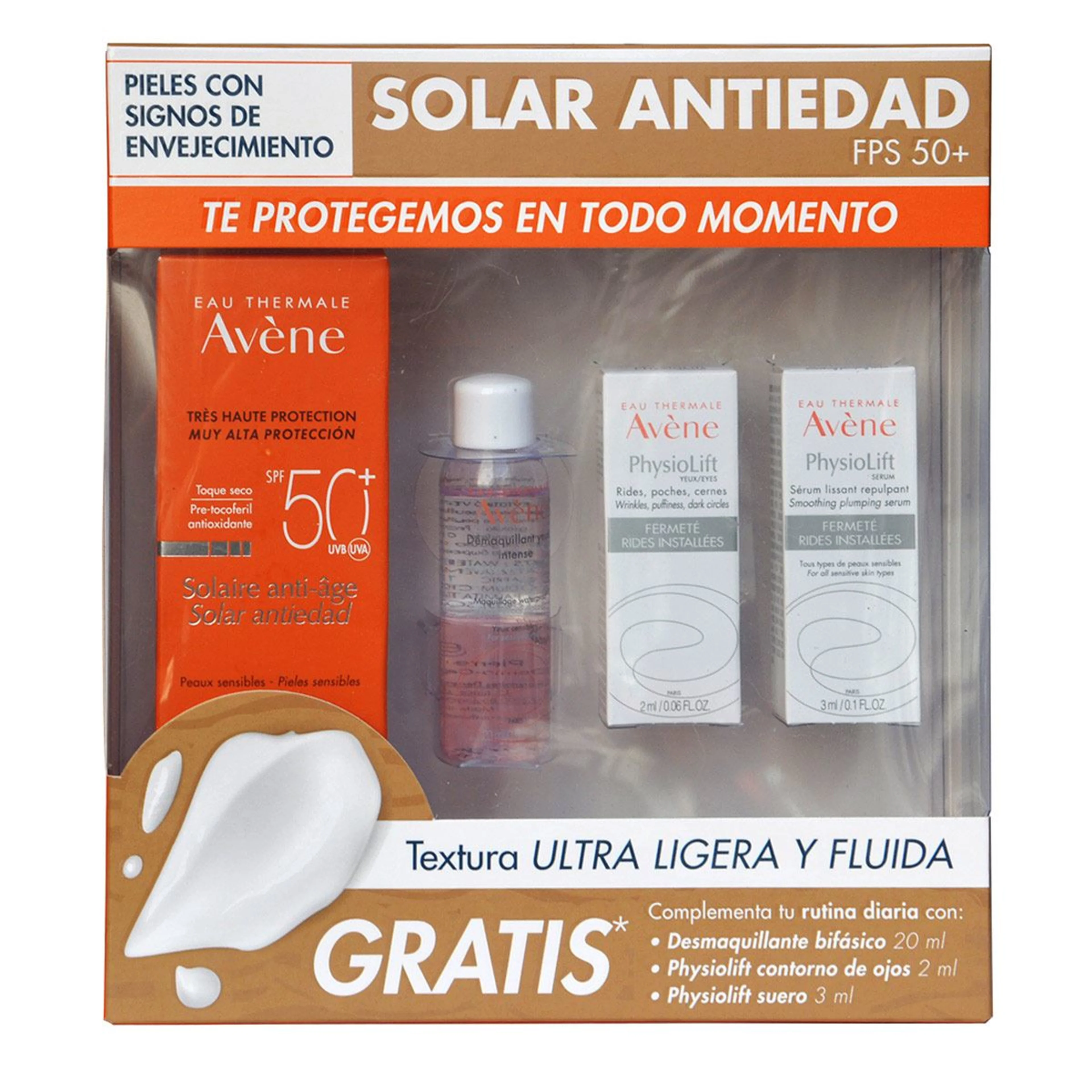 Avène solar antiedad+desmaquillante 20ml+ physiolif 2ml+suero 3 ml 4 piezas paquete