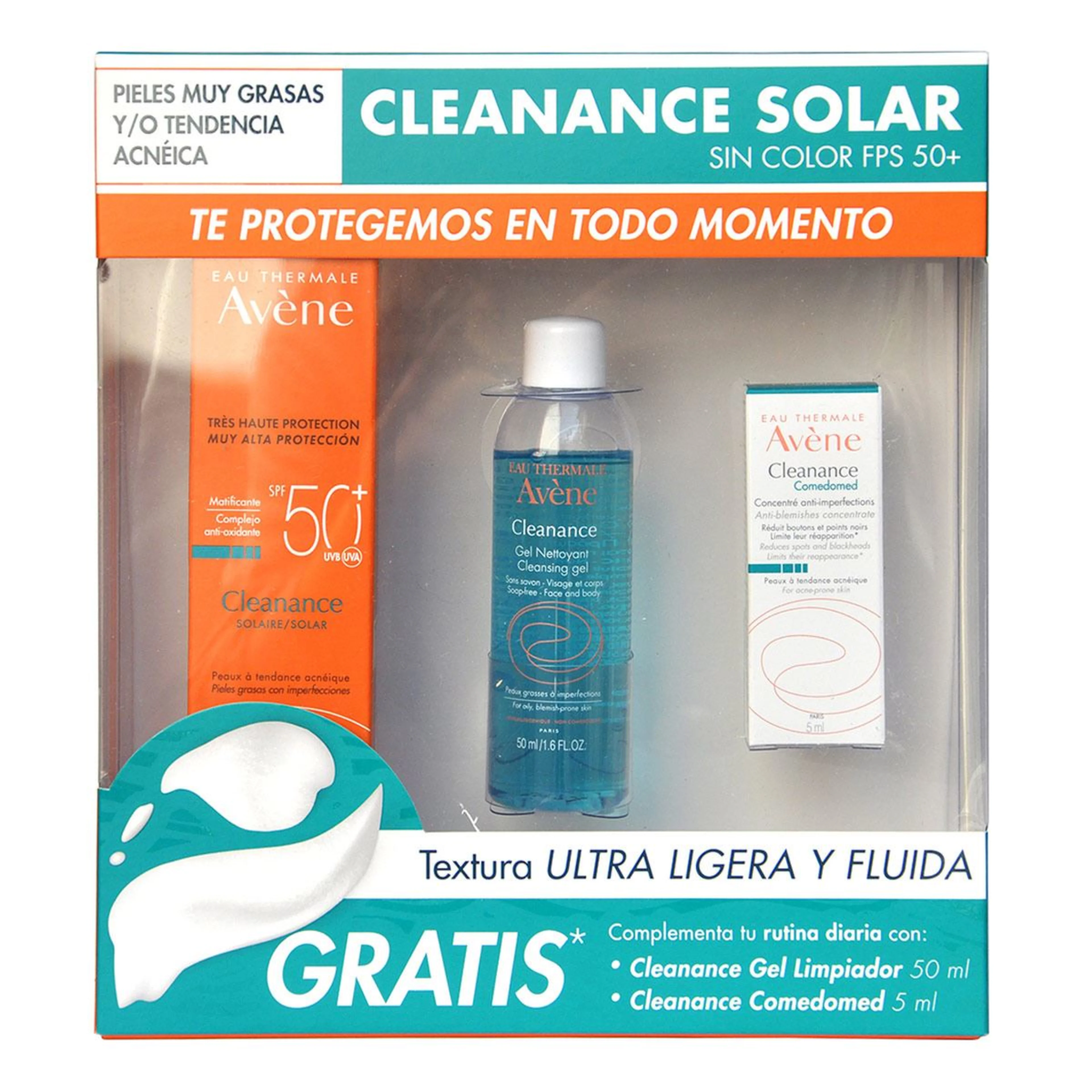 Avène cleanance cleanance solar+gel limpiador+ comedomed 5ml 3 piezas paquete