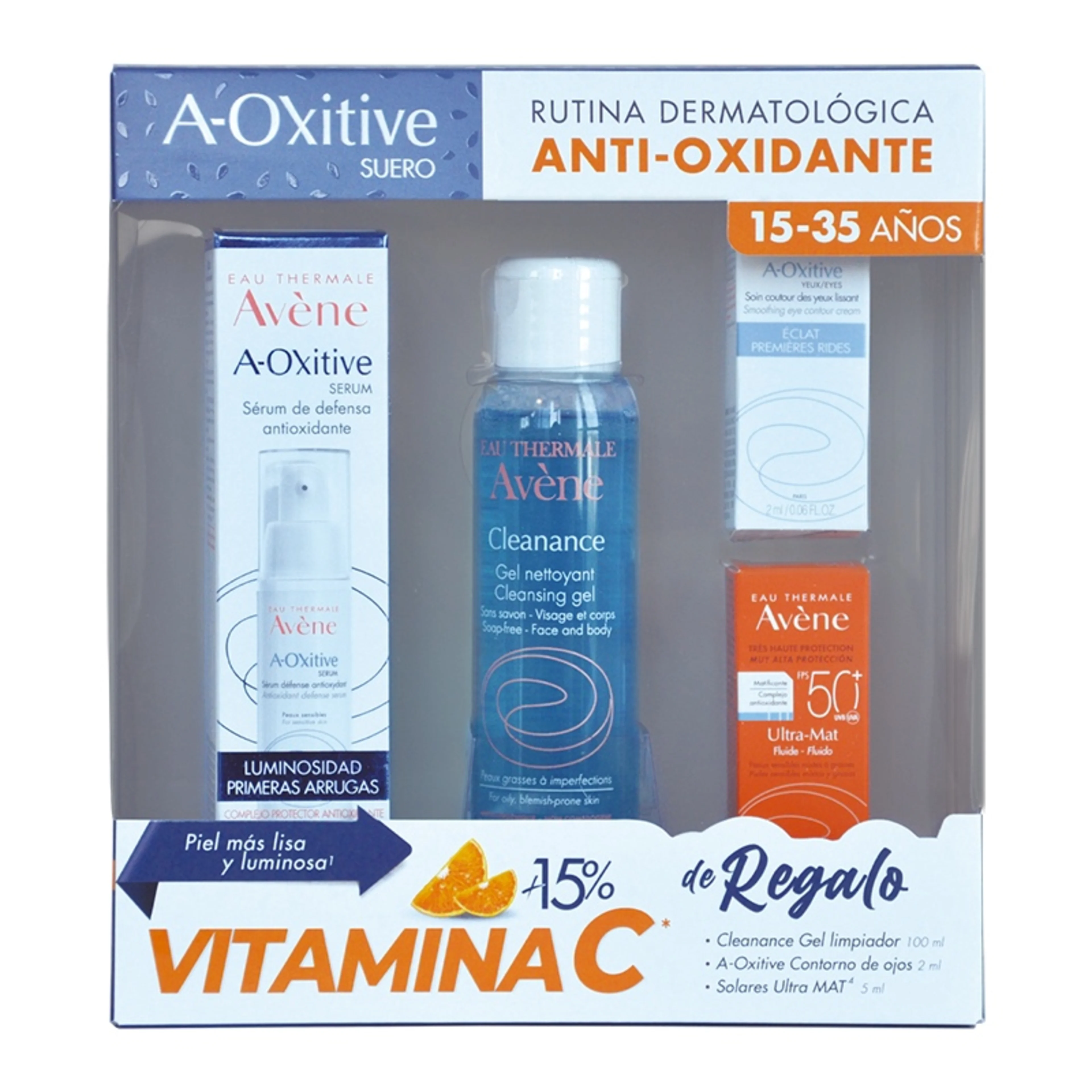 Avène sérum antioxidante+gel limpiador+ contorno de ojos+solar ultra mat 3 piezas paquete