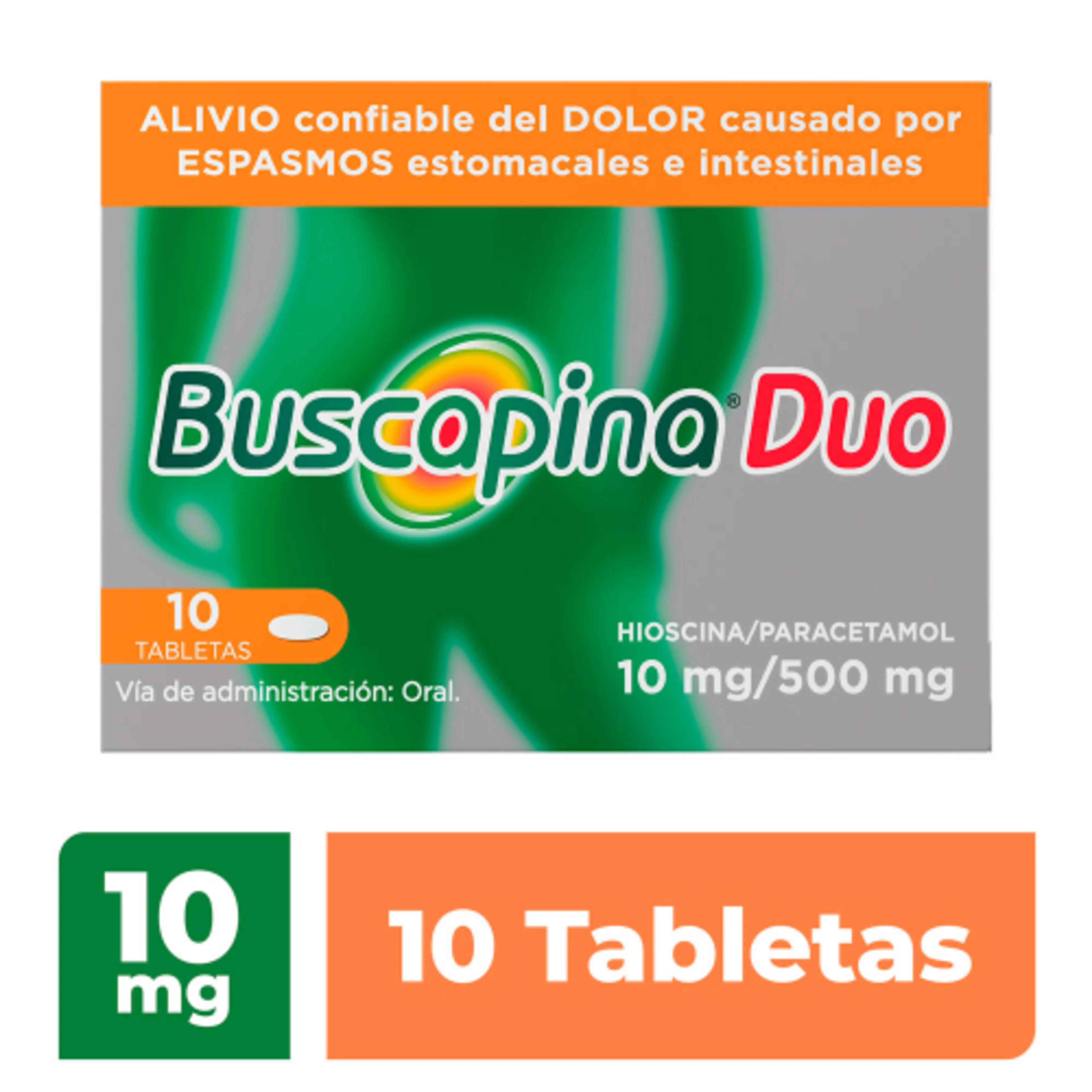 Buscapina Duo 10 Tabletas con Hioscina y Paracetamol para Espasmos y Dolor Abdominal