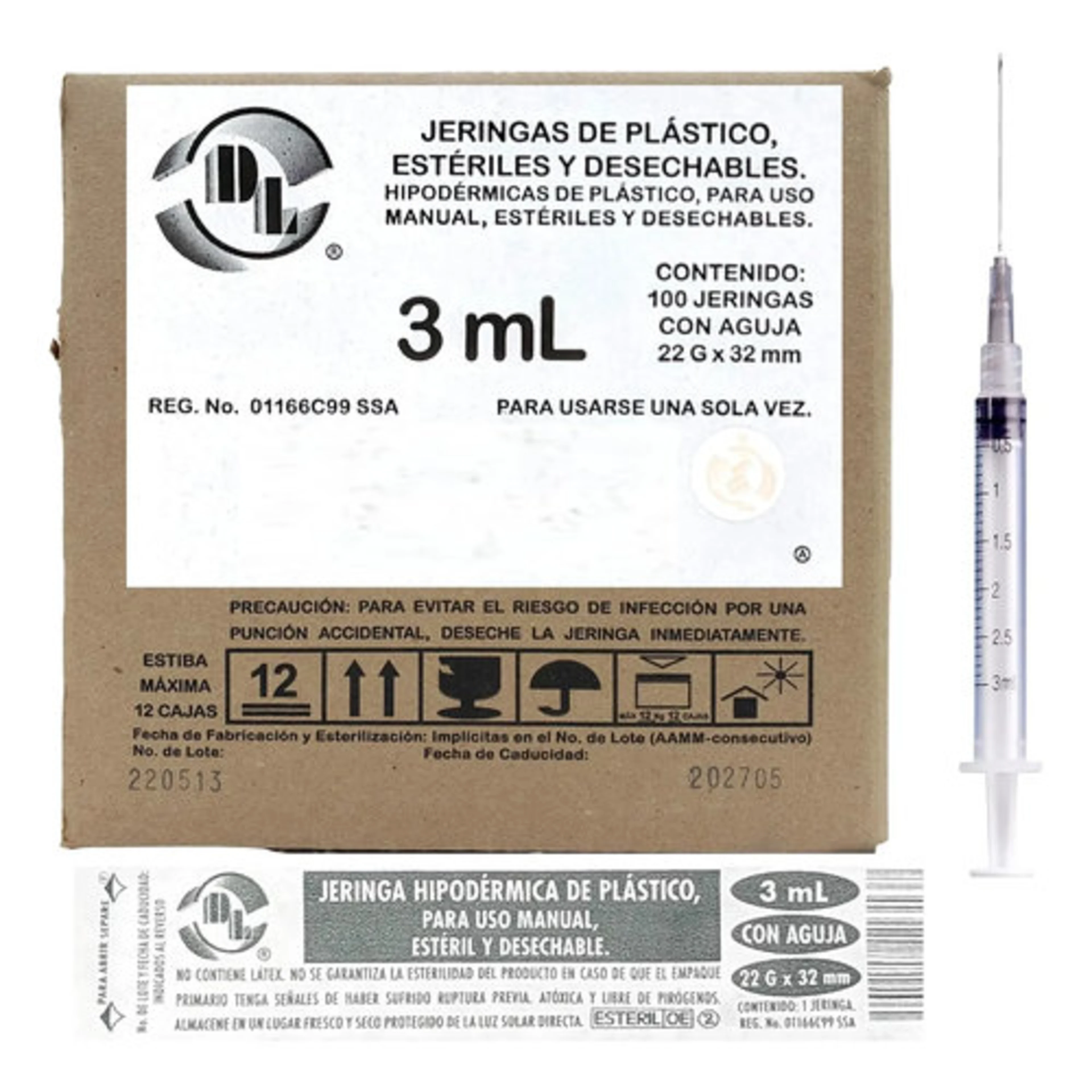 Jeringa De 3Ml 22Gx32Mm Caja Con 100 Piezas