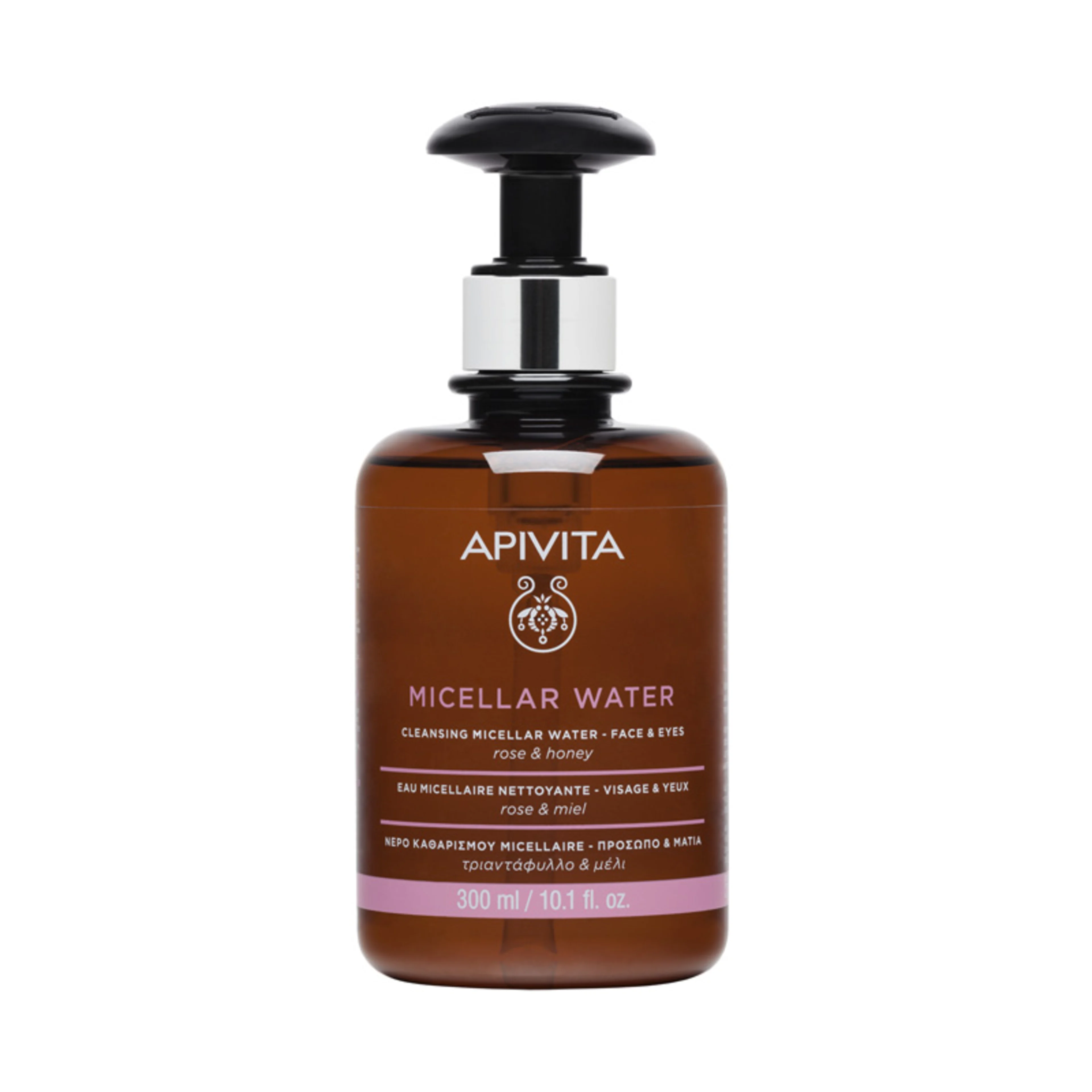 Apivita agua micelar para rostro y ojos rosas y miel 300 ml botella