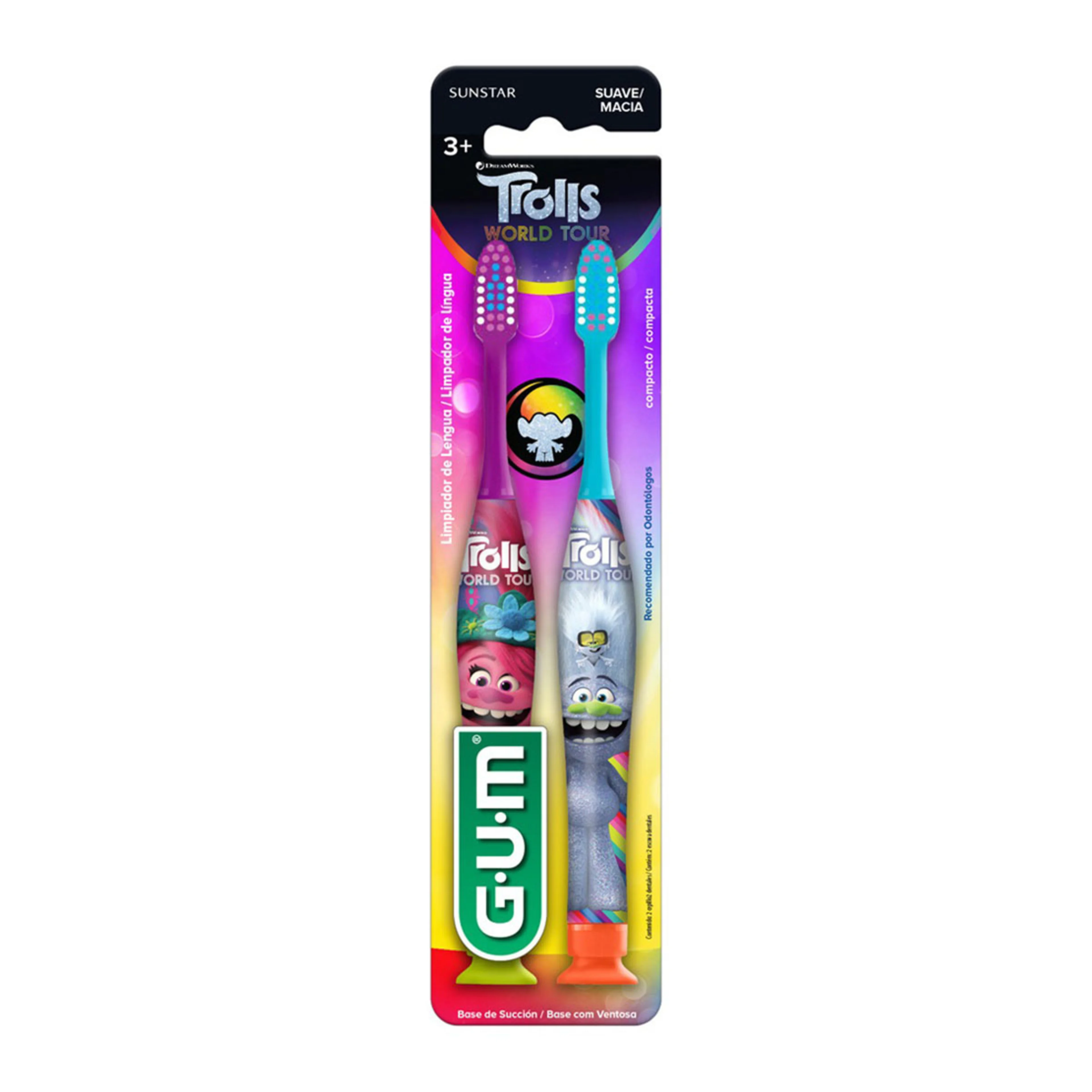 Gum Sunstar Trolls World Tour Cepillo Dental Infantil Suave Con 2 Piezas
