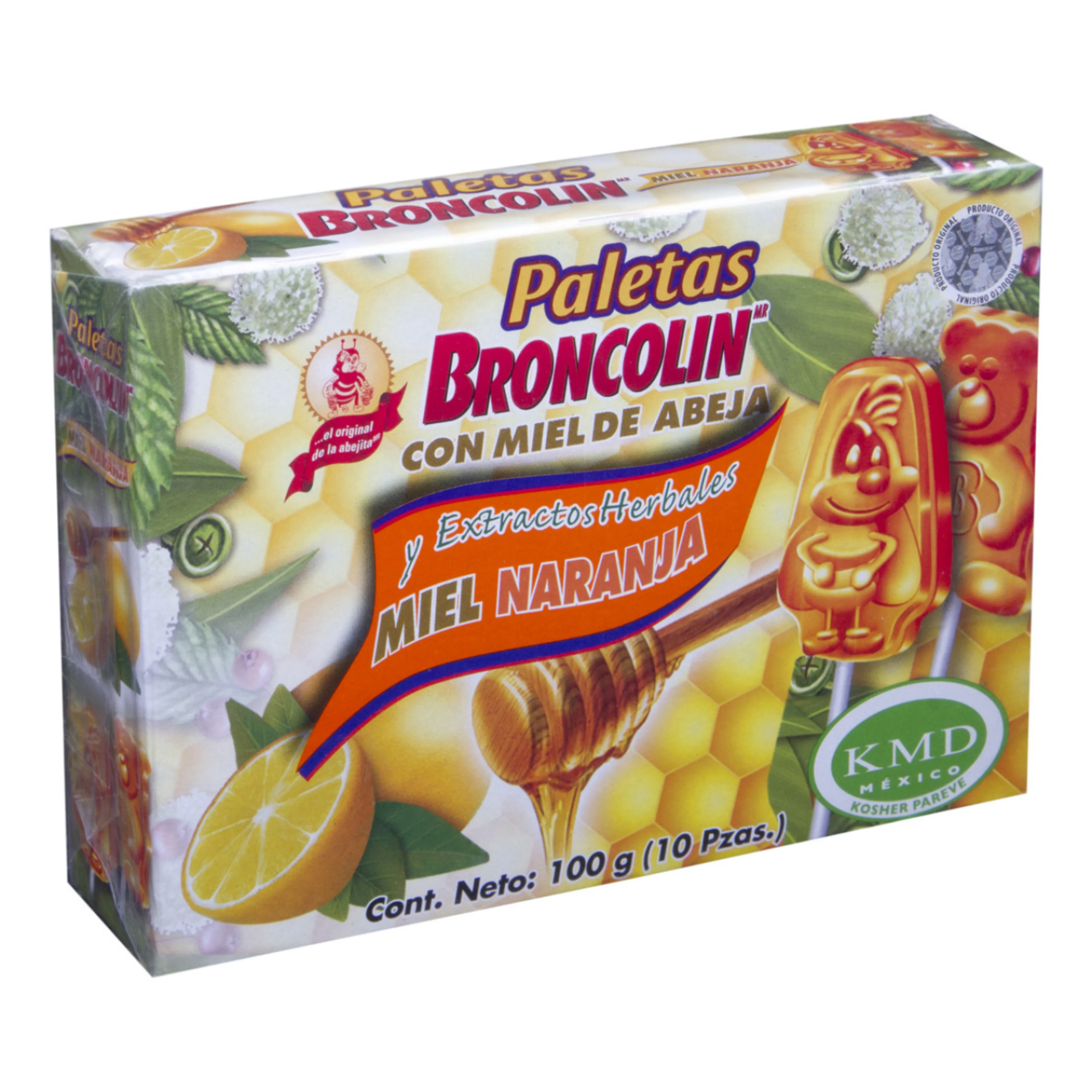 Broncolin Paleta Miel Sabor Naranja 10 Piezas
