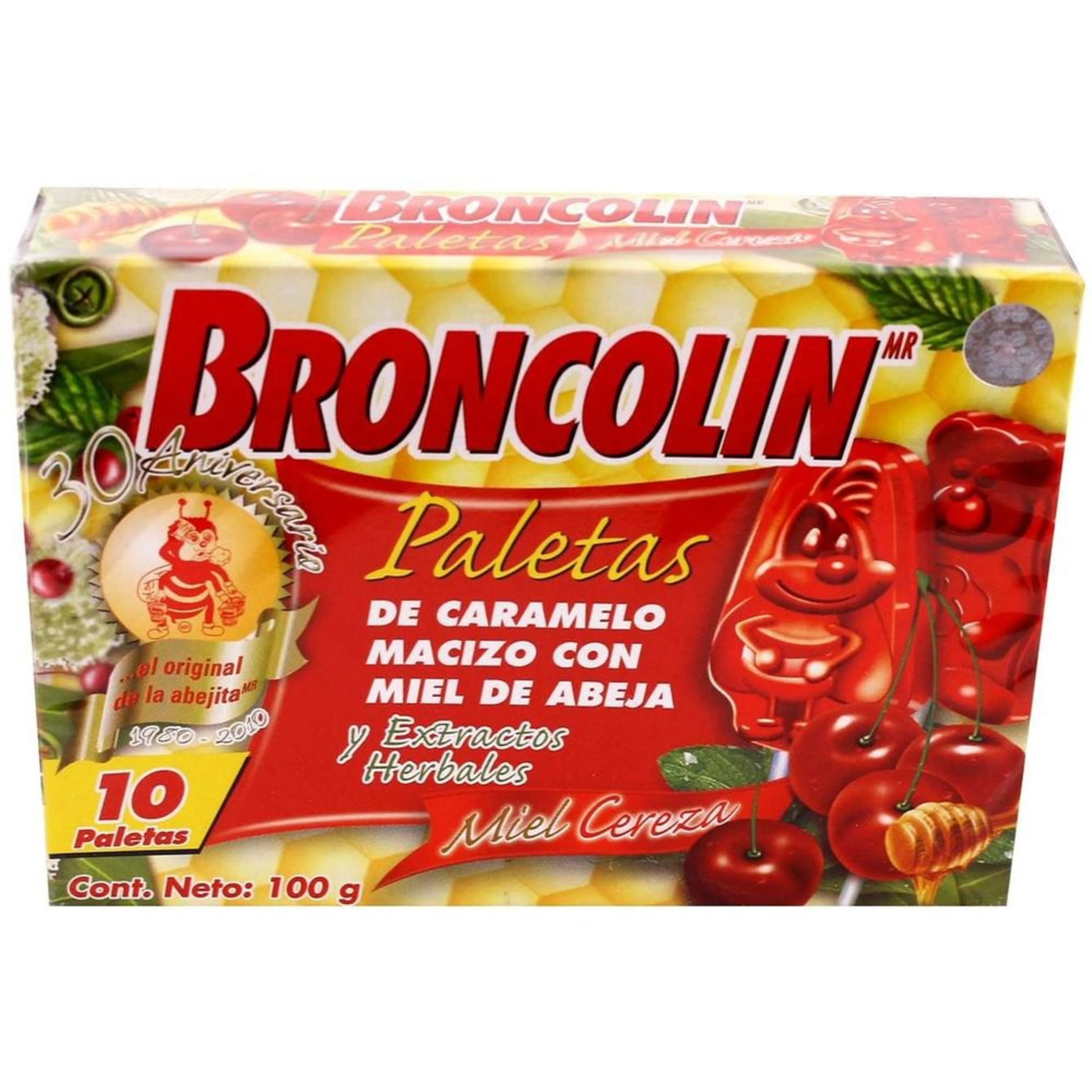 Broncolin Paleta Miel Sabor Cereza 10 Piezas