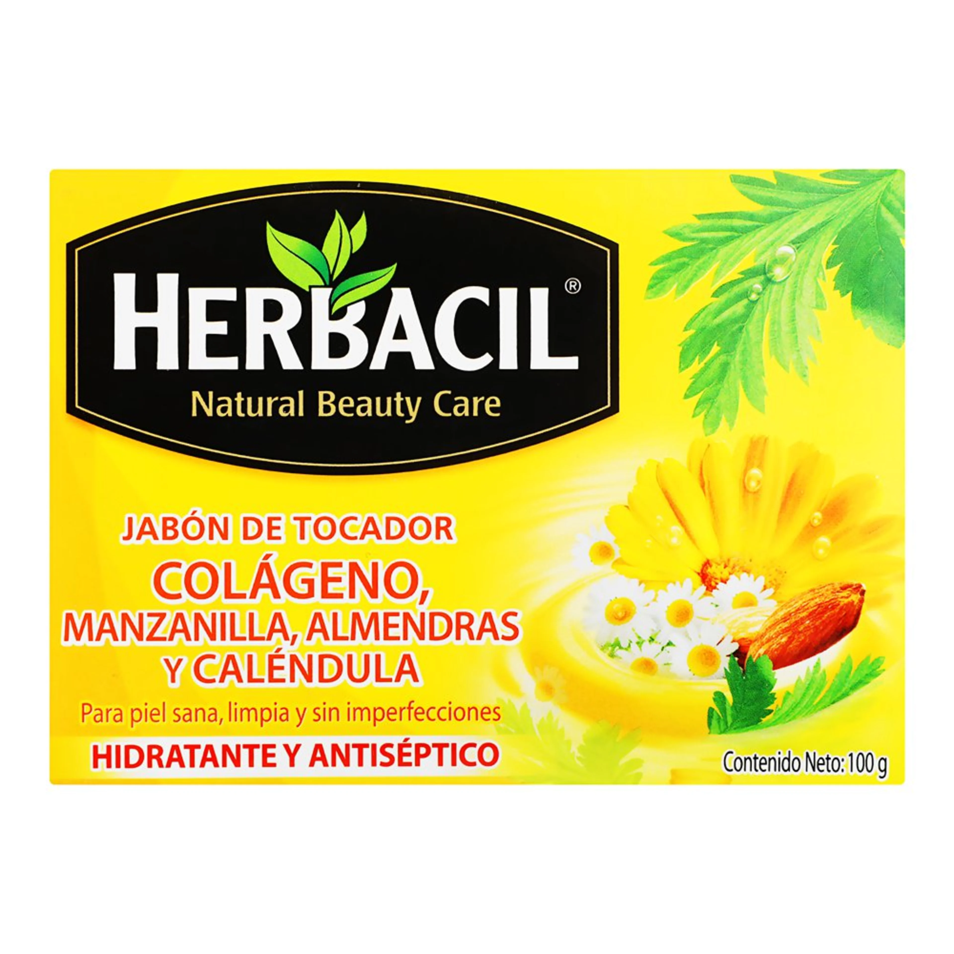 Herbacil Jabón De Tocador Colágeno, Manzanilla, Almendras Y Caléndula Con 1 Barra De 100 G