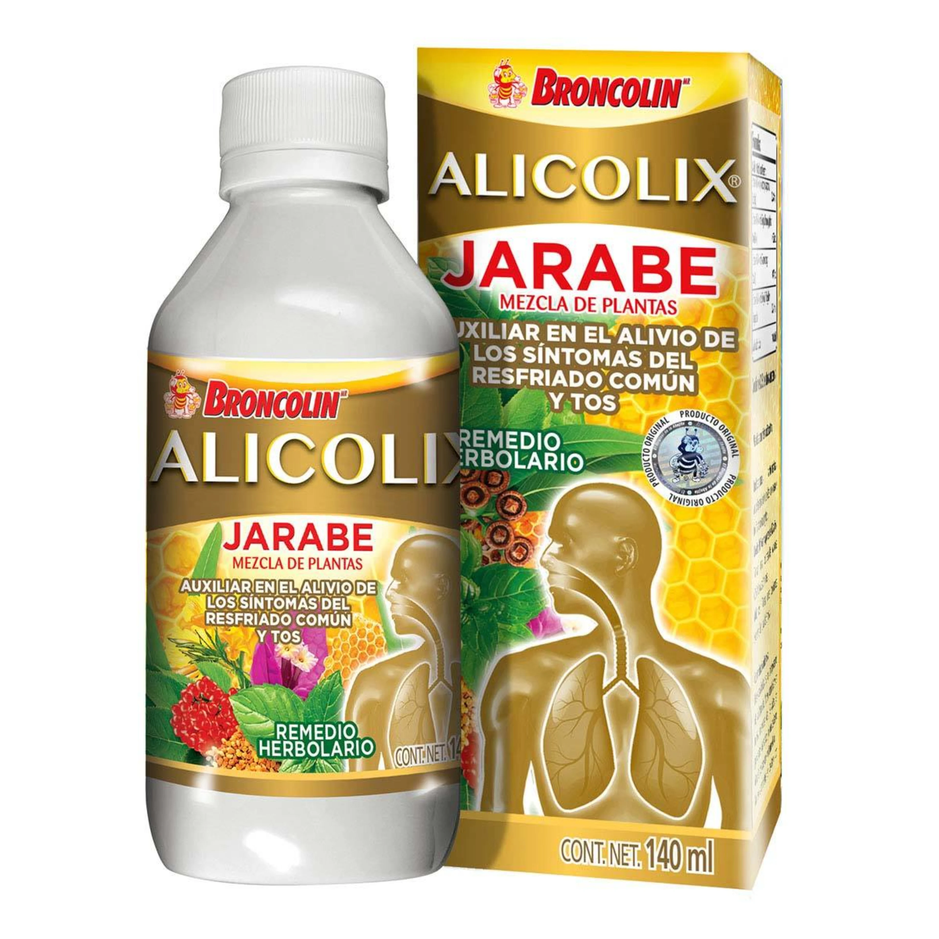 Broncolin Sugar Free Etiqueta Dorada Mezcla De Plantas Jarabe Con 140 Ml
