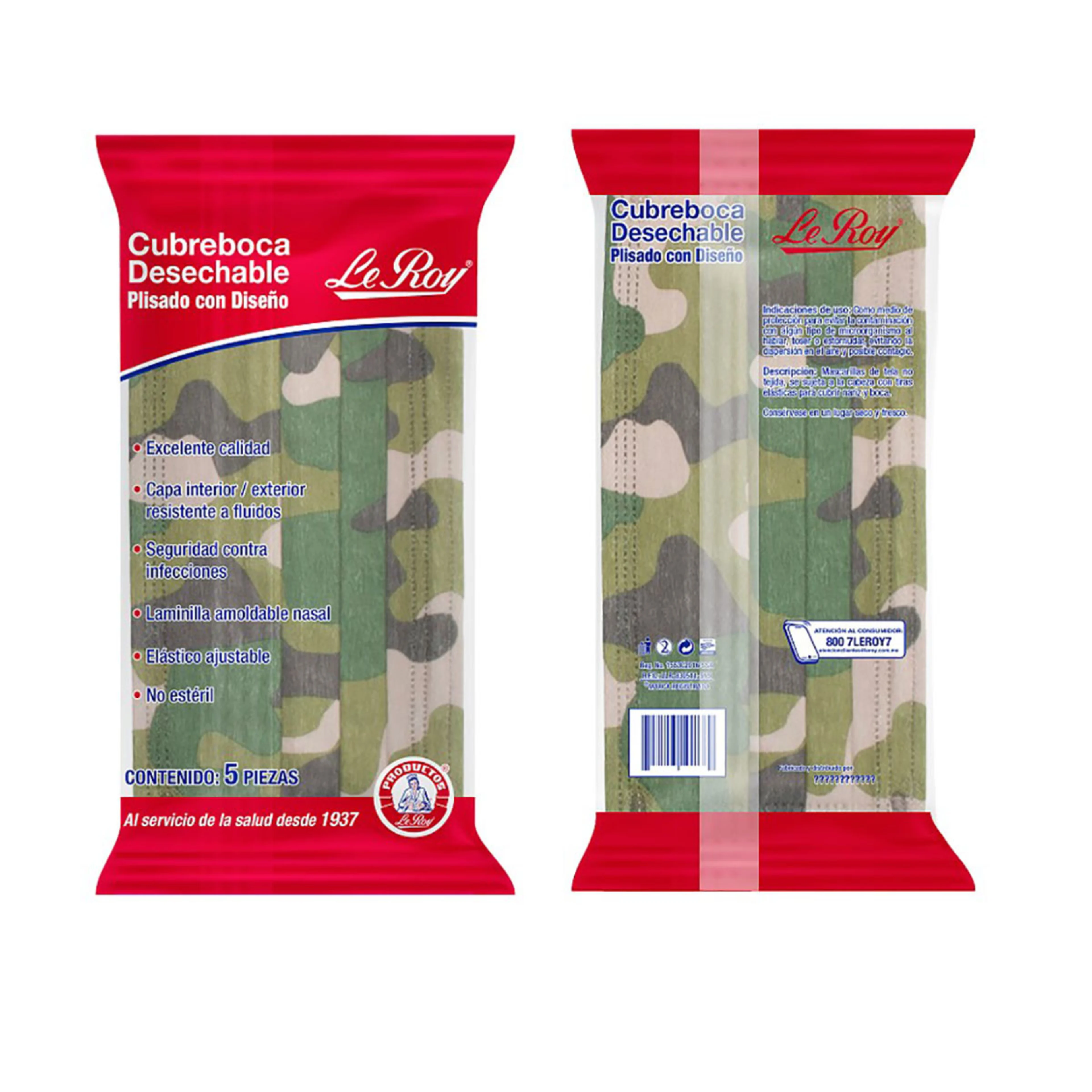 Cubrebocas Desechable Camuflajeado Con 5 Piezas
