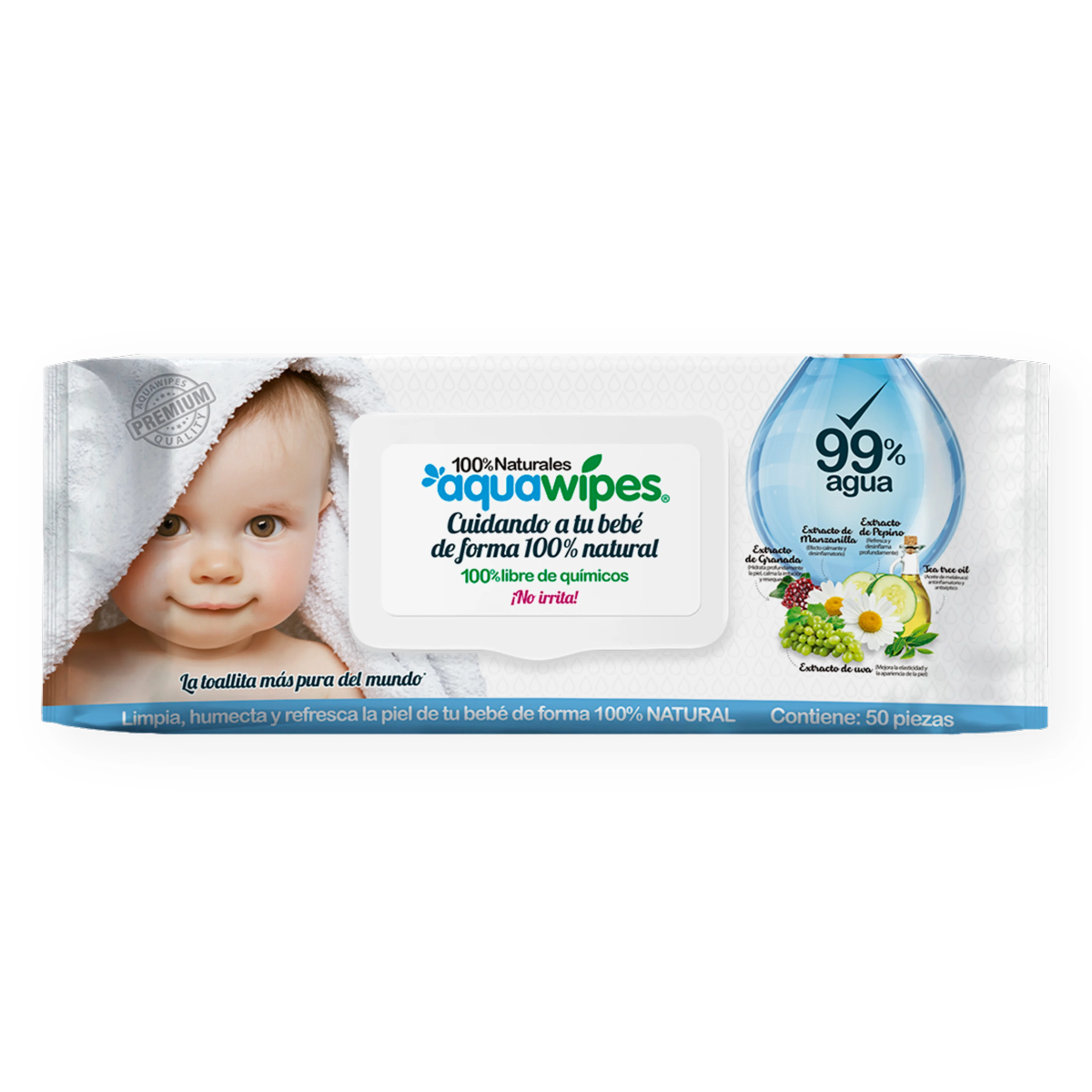 Toallitas para bebé aquawipes 100% naturales 50 pzas.