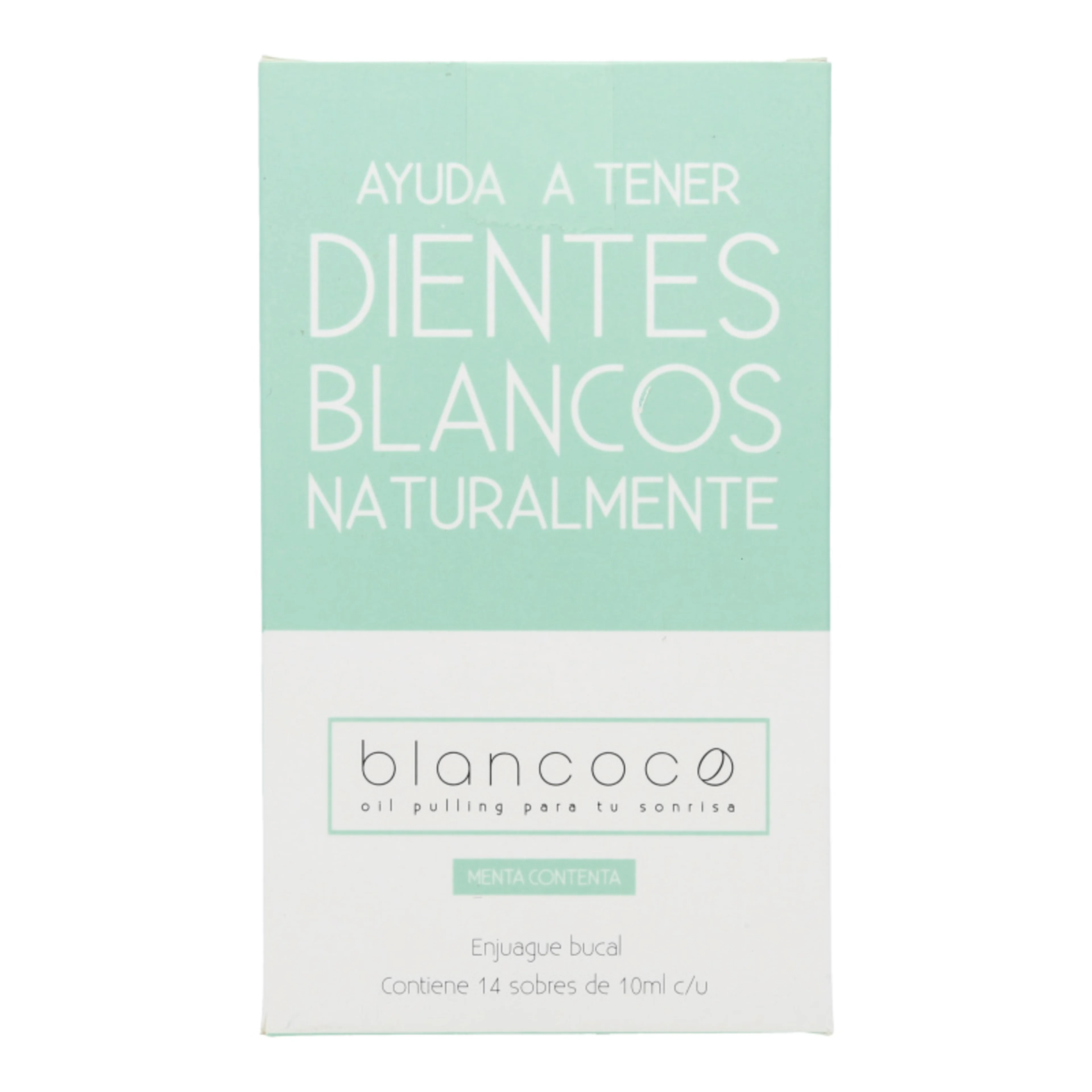 Blancoco enjuague bucal blanqueador de dientes natural con aceite de coco y menta 14 sobre caja