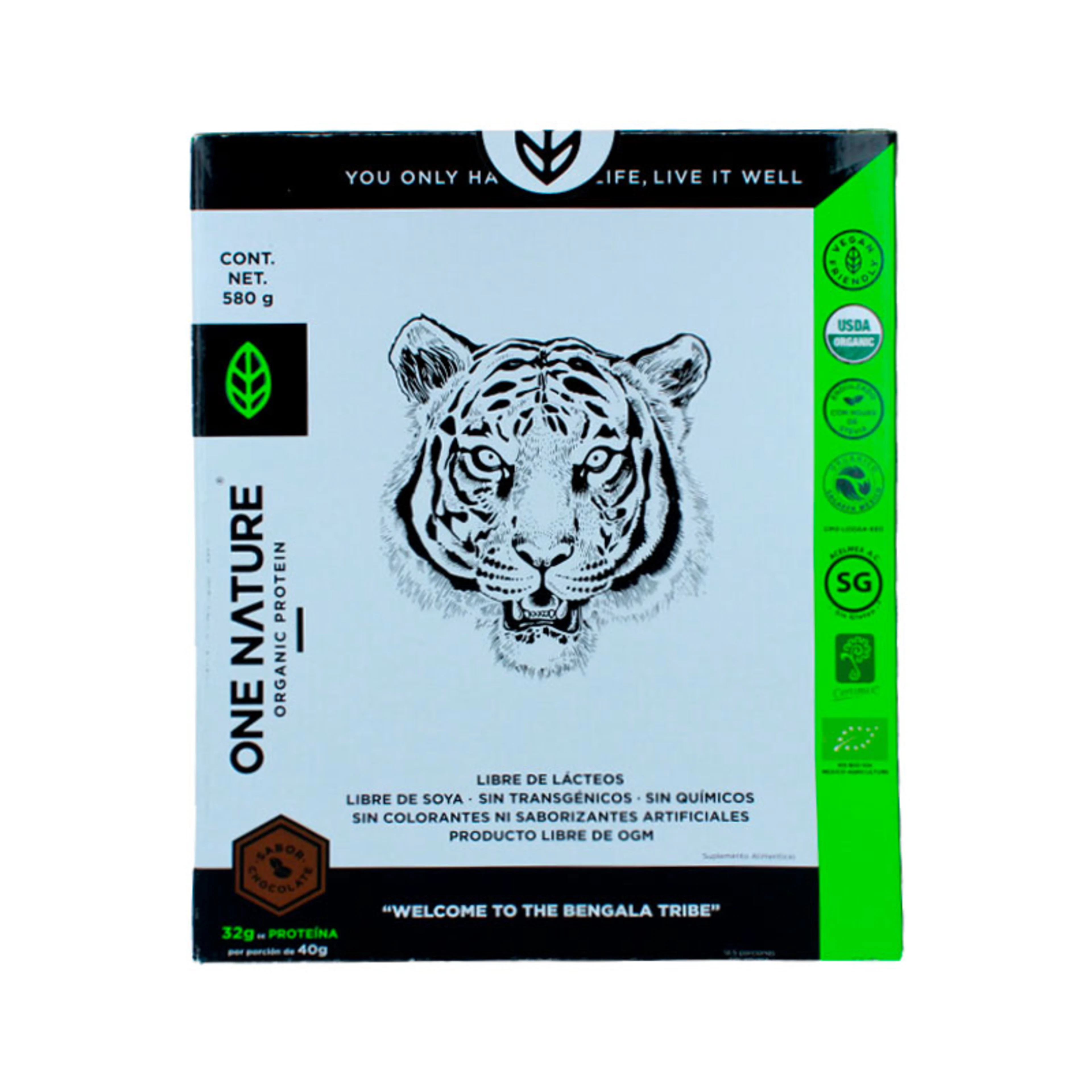 One nature proteína orgánica y crudivegana sabor chocolate 580 g caja